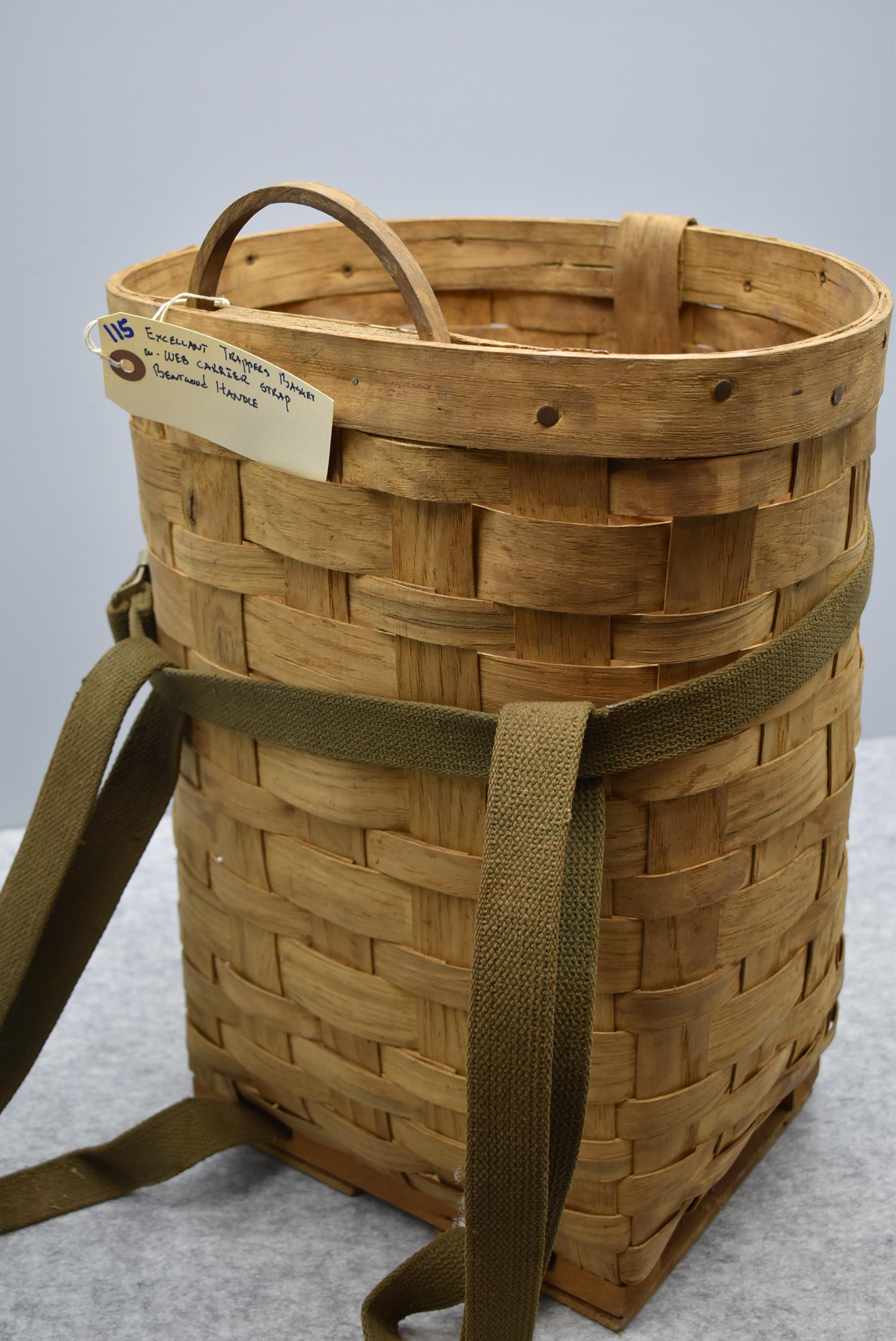 Excellent Trappers Basket w/Web Carrier Strap & Bentwood Handle