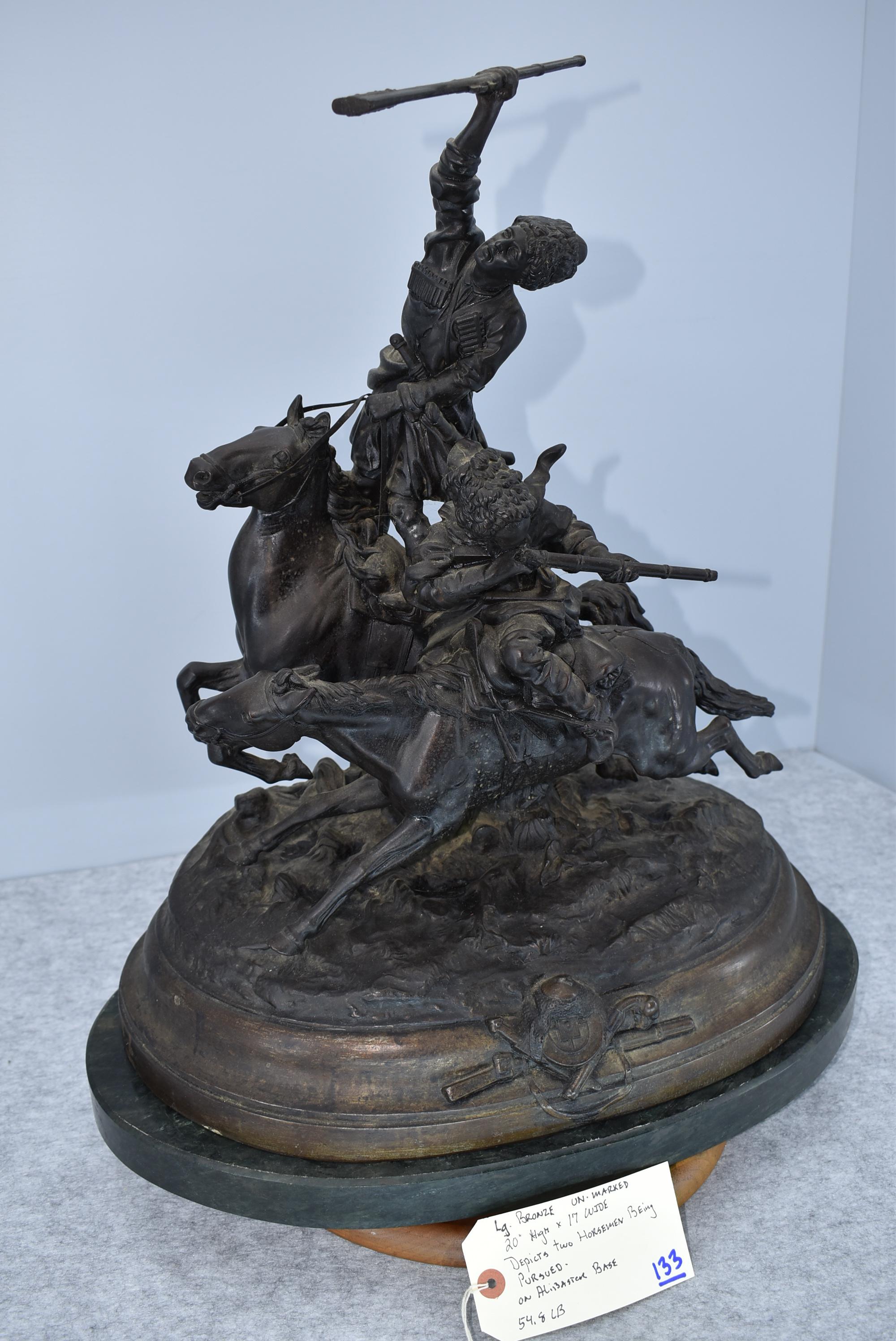 Bronze – Depicts 2 Horseman Being Pursued – Appears to Have No Makers Mark – 20” High & 17” Wide – W