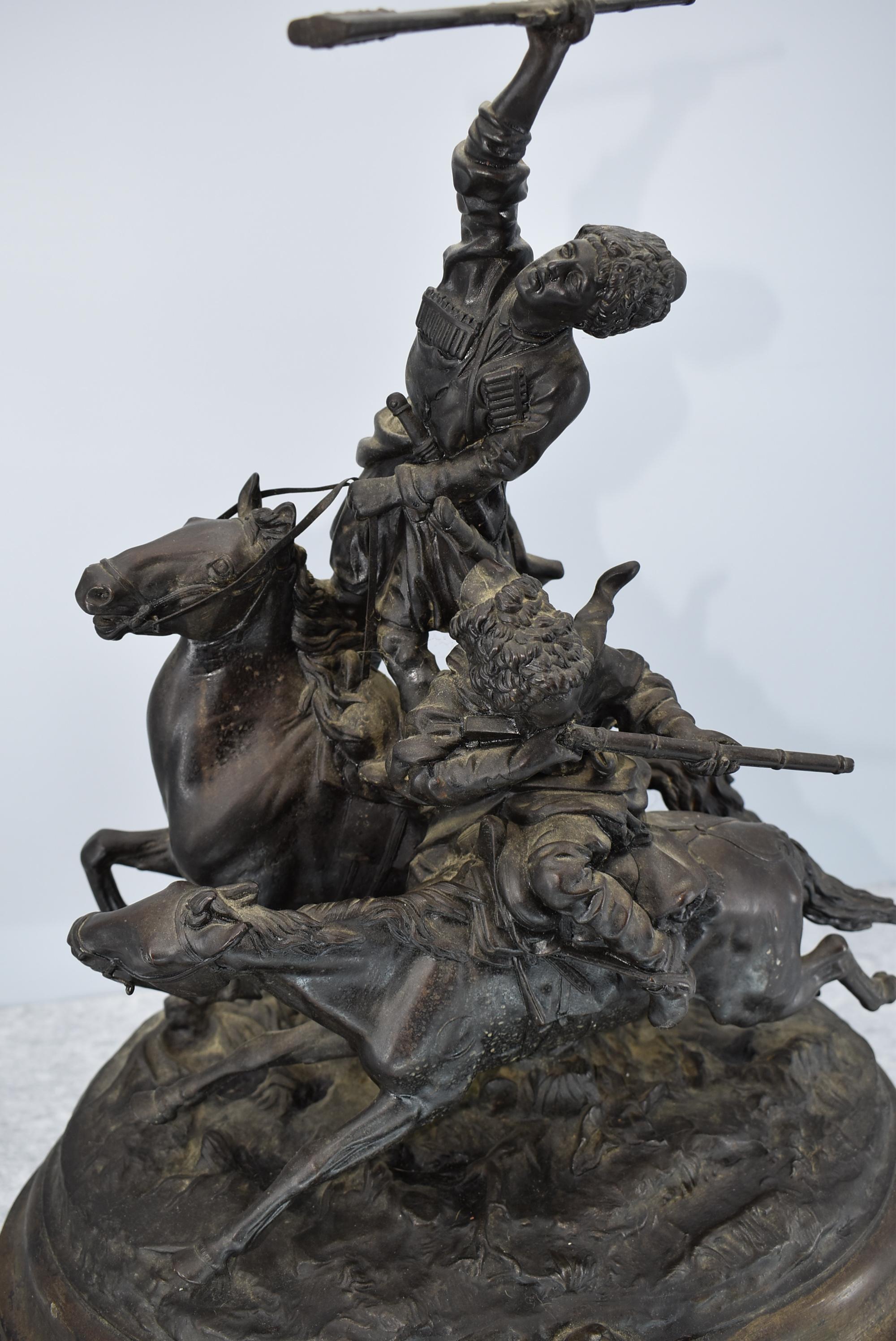 Bronze – Depicts 2 Horseman Being Pursued – Appears to Have No Makers Mark – 20” High & 17” Wide – W