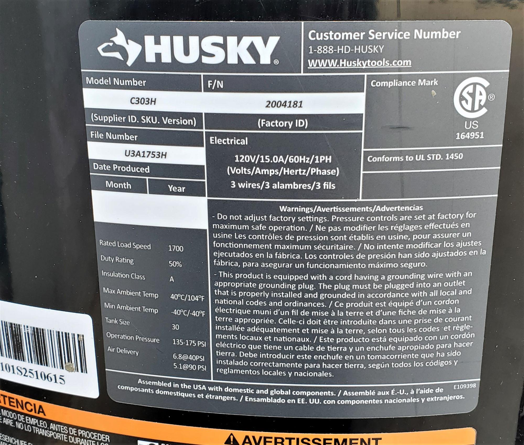 HUSKY C303-H PORTABLE AIR COMPRESSOR