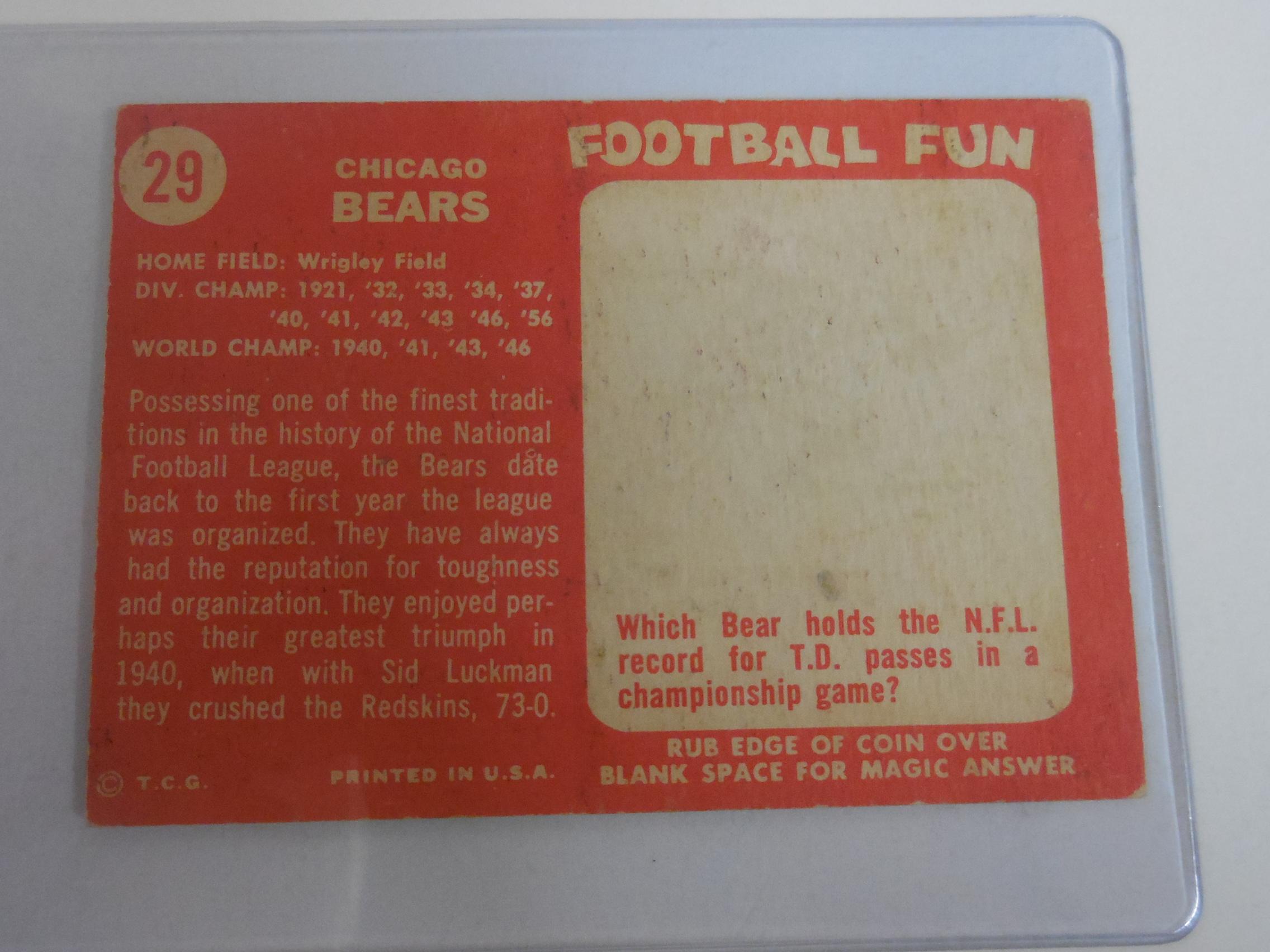 1958 TOPPS FOOTBALL #29 CHICAGO BEARS TEAM CARD VINTAGE