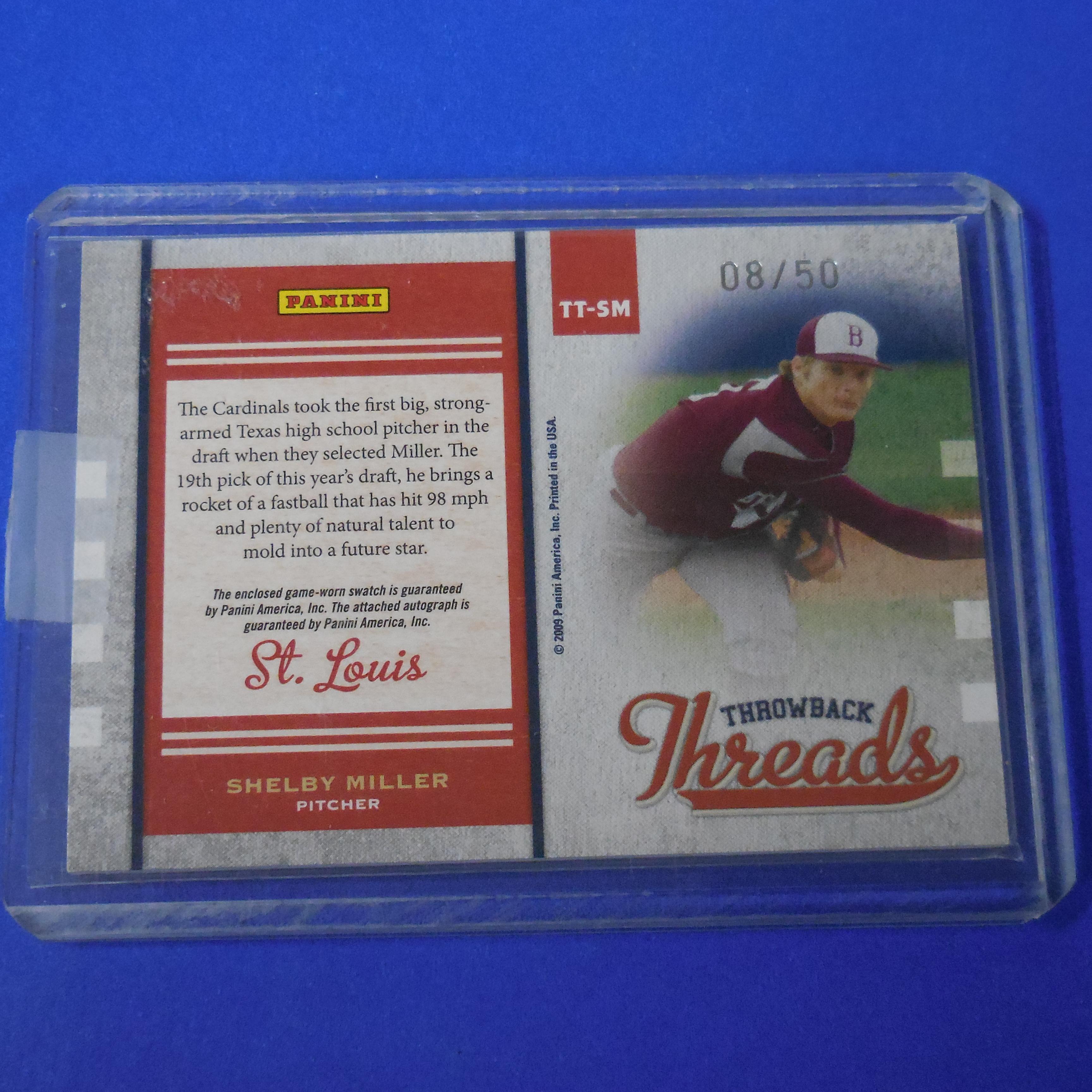2009 DONRUSS ELITE SHELBY MILLER AUTOGRAPHED PATCH CARD #D 08/50