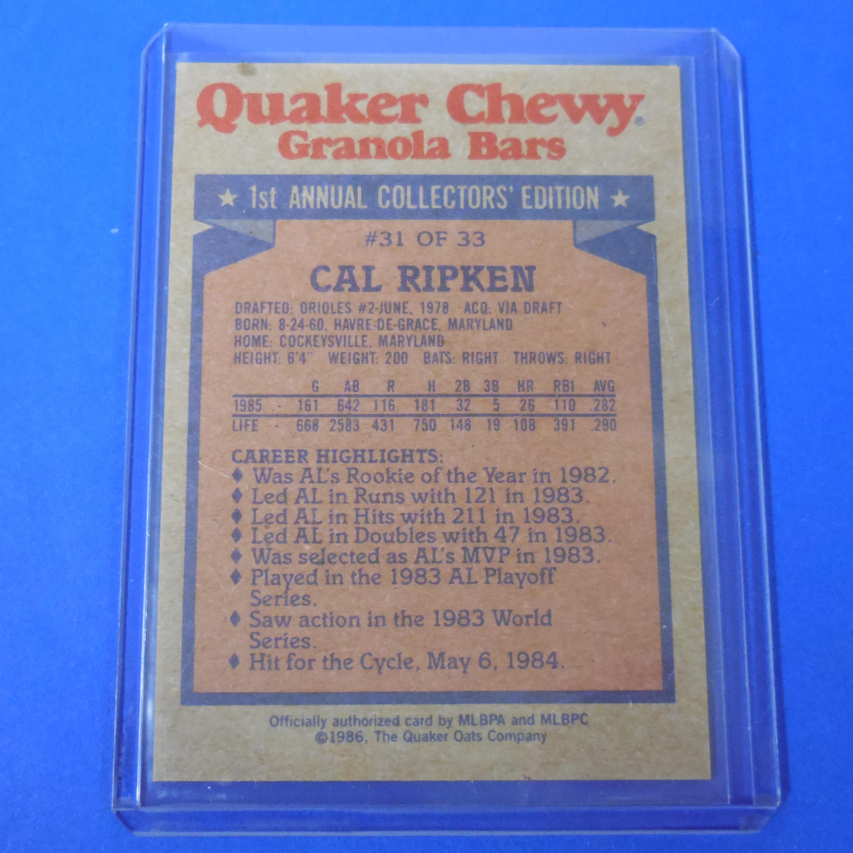 1986 TOPPS QUAKER OATS GRANOLA BARS CAL RIPKEN JR ORIOLES