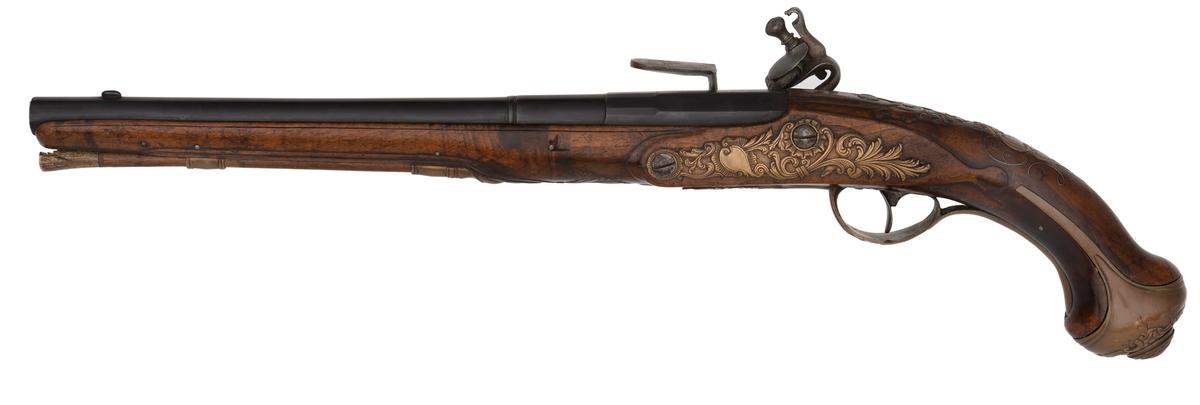 Pair of Long German Flintlock Holster Pistols by Addnius B Schwartz