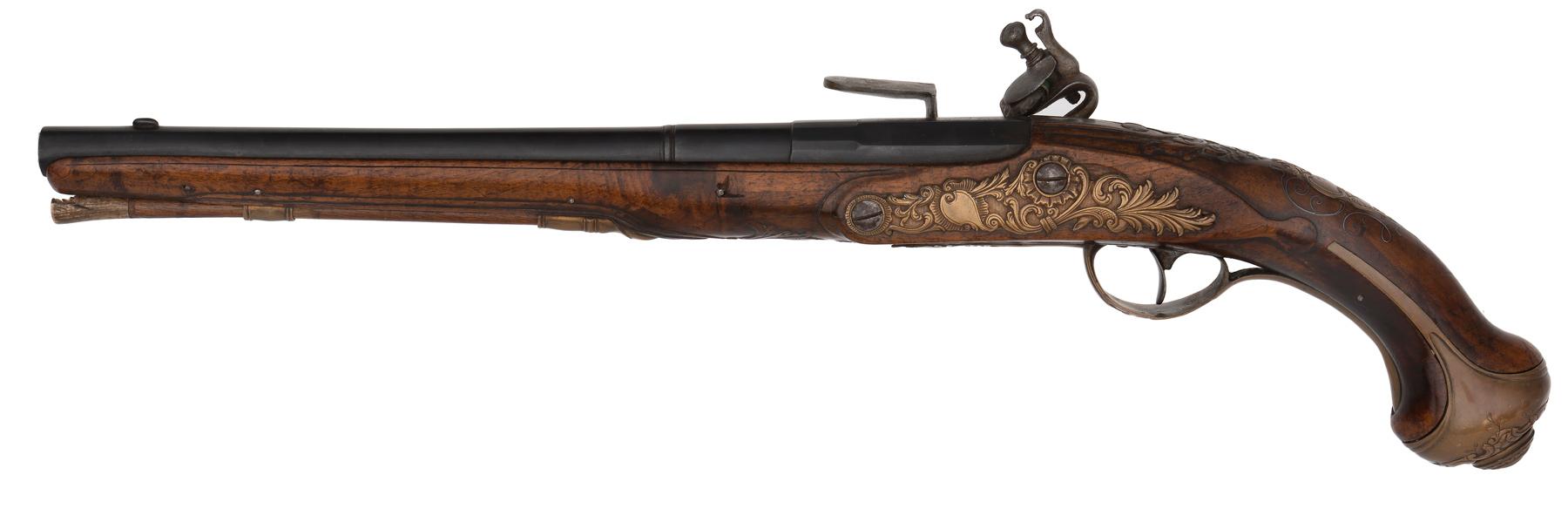 Pair of Long German Flintlock Holster Pistols by Addnius B Schwartz