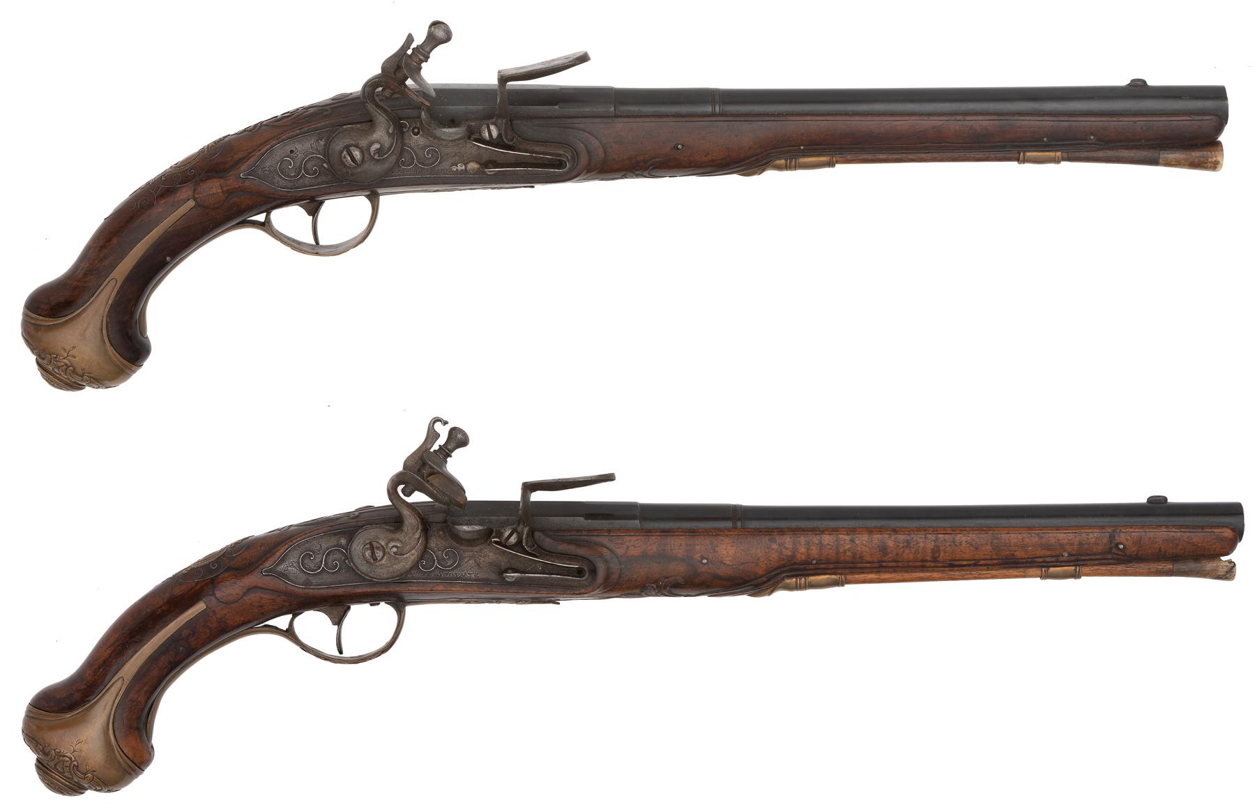 Pair of Long German Flintlock Holster Pistols by Addnius B Schwartz