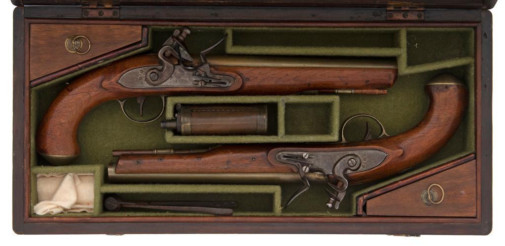 Cased Pair of English Brass-Barrel Flintlock Pistols by William Allport