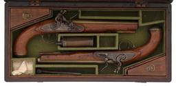 Cased Pair of English Brass-Barrel Flintlock Pistols by William Allport
