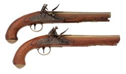 Cased Pair of English Brass-Barrel Flintlock Pistols by William Allport
