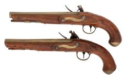 Cased Pair of English Brass-Barrel Flintlock Pistols by William Allport