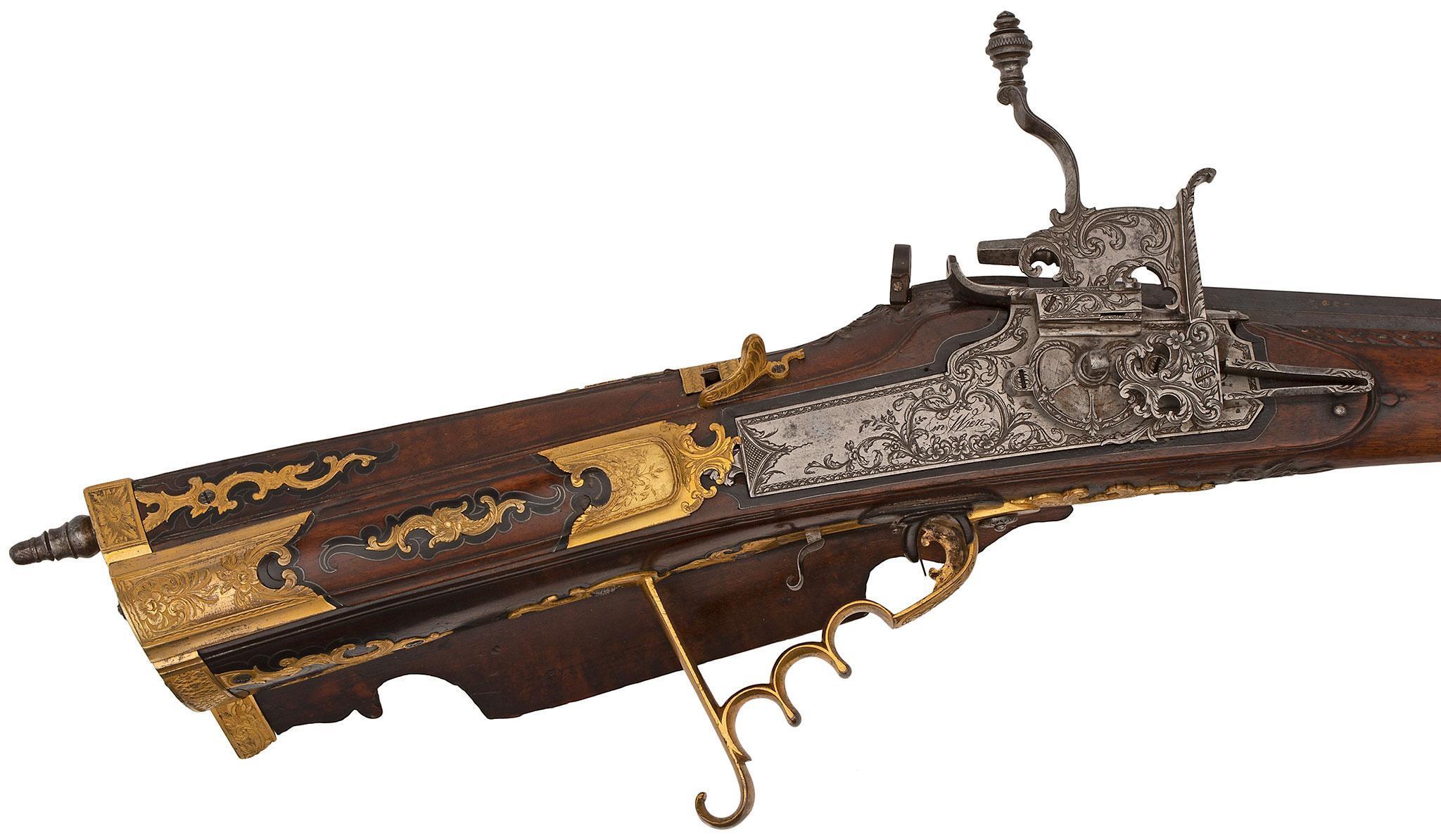 A Very Fine Quality Gilt Bronze Mounted, Silver And Gold Inlaid Austrian Wheel-lock Sporting Rifle