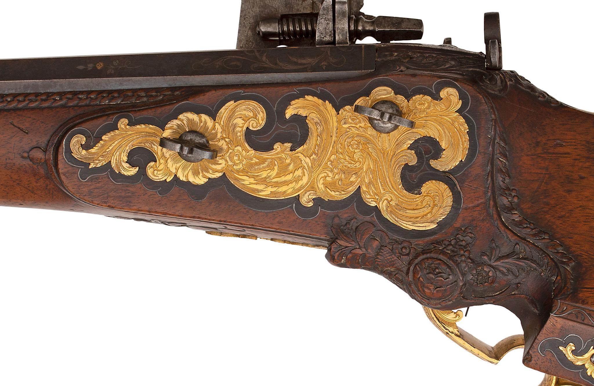 A Very Fine Quality Gilt Bronze Mounted, Silver And Gold Inlaid Austrian Wheel-lock Sporting Rifle