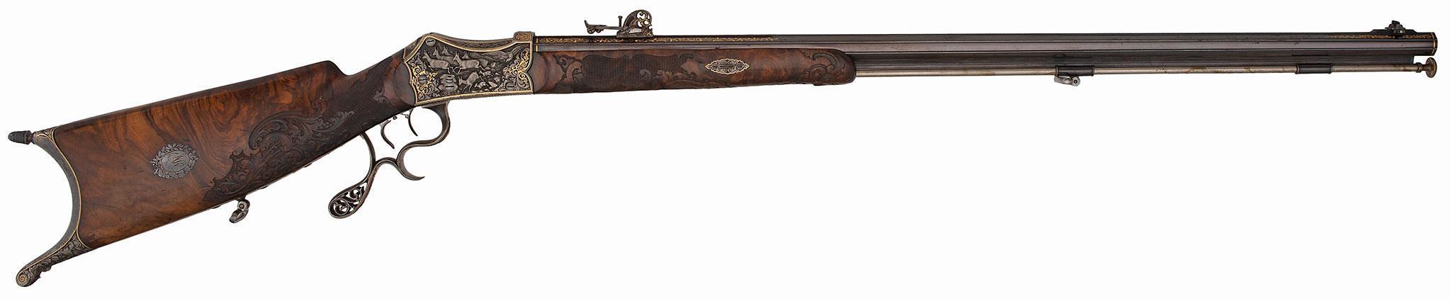Magnificent Martini Action Relief Chiseled & Profusely Gold Inlaid Schuetzen Rifle Made In Germany