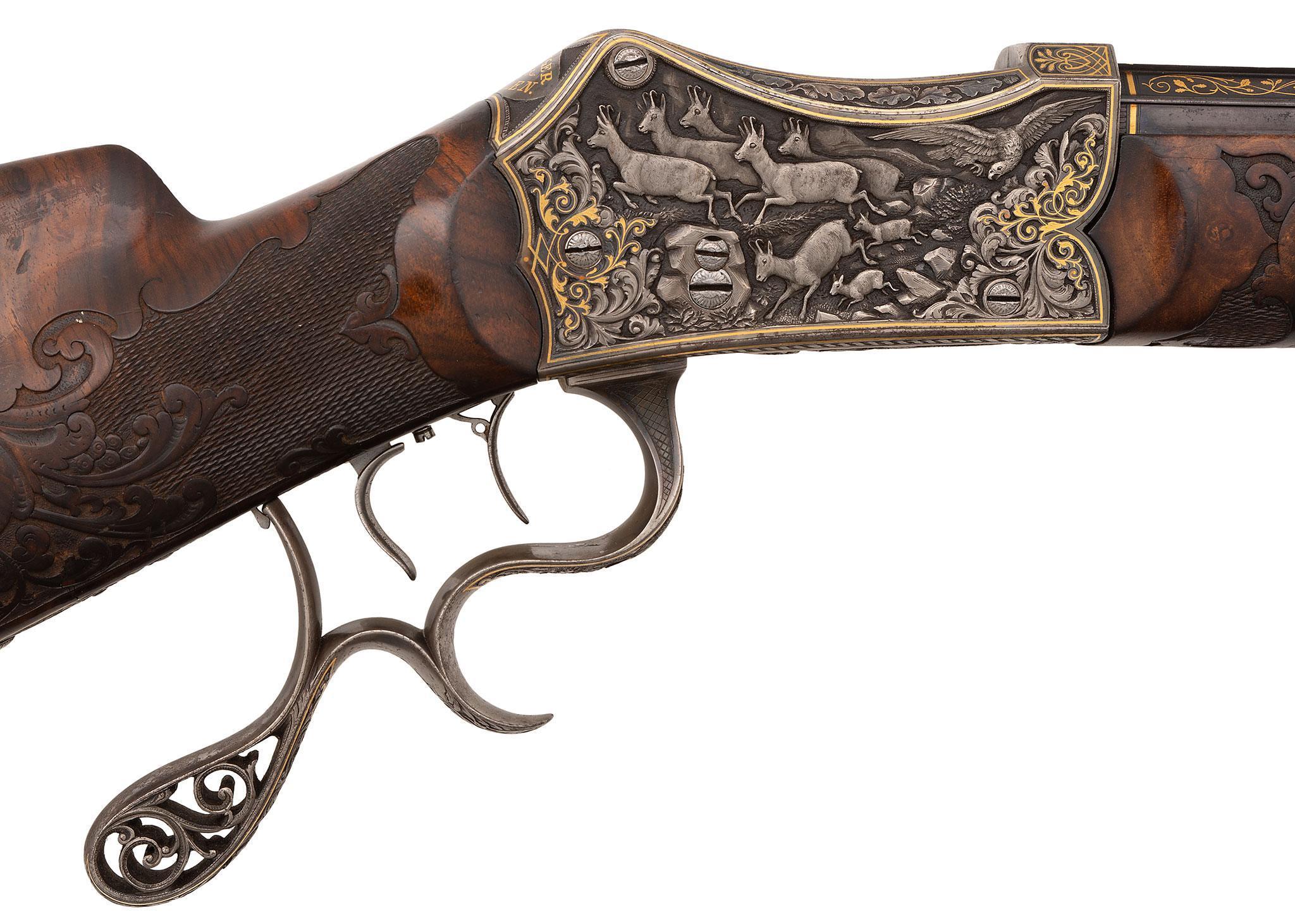 Magnificent Martini Action Relief Chiseled & Profusely Gold Inlaid Schuetzen Rifle Made In Germany