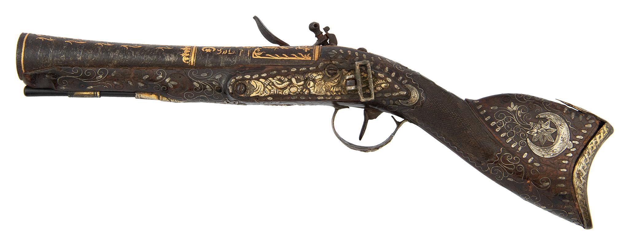 Engraved Silver And Gold Middle Eastern Flintlock Blunderbuss Pistol