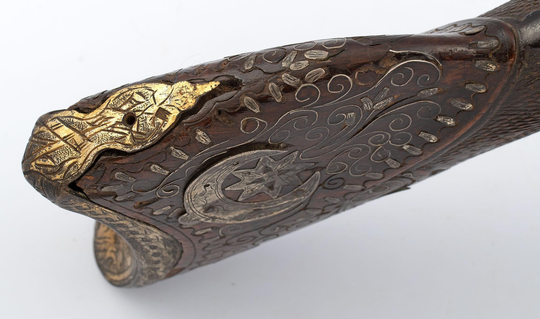 Engraved Silver And Gold Middle Eastern Flintlock Blunderbuss Pistol