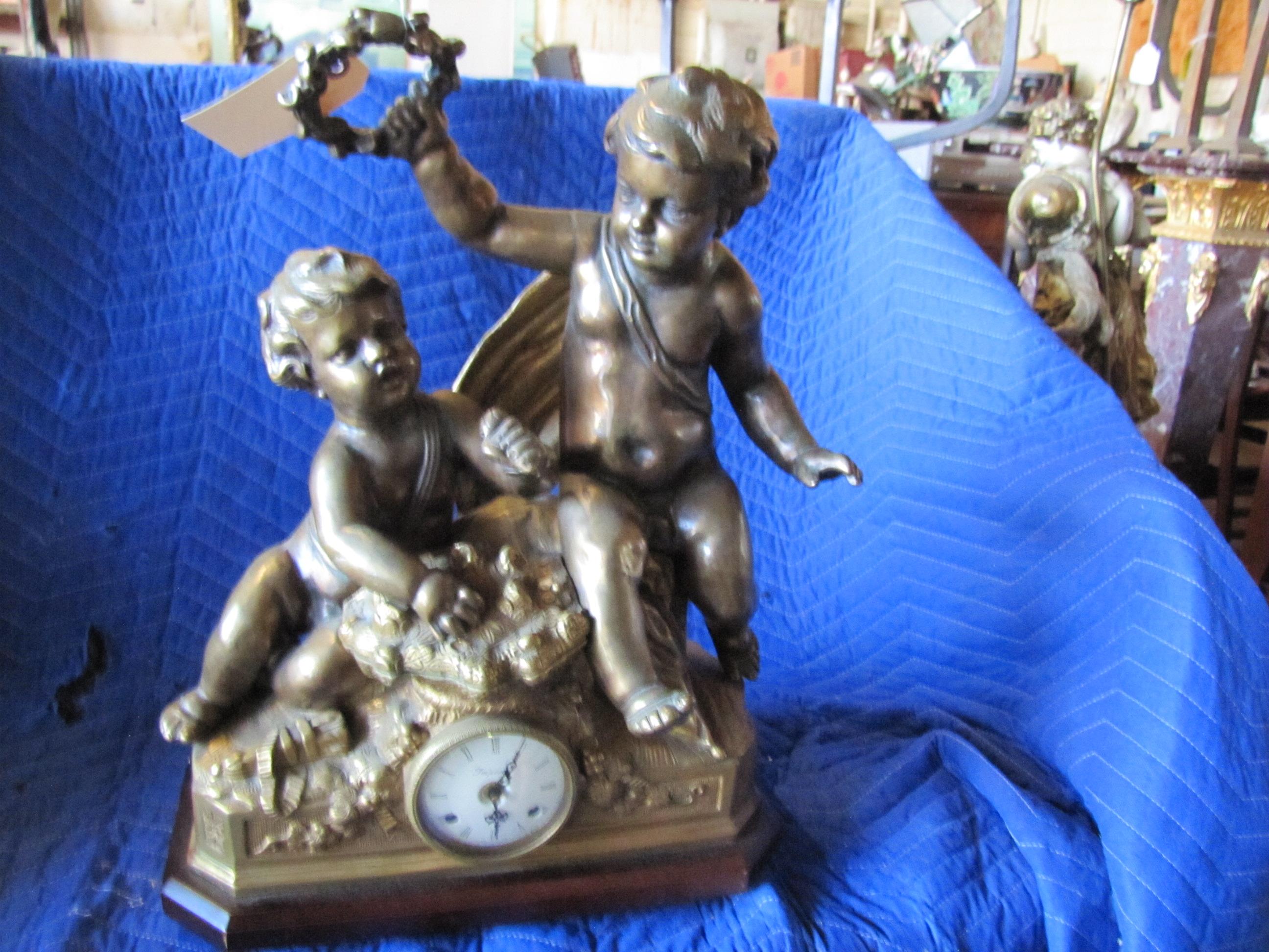Large Antique Brass French Figural Clock
