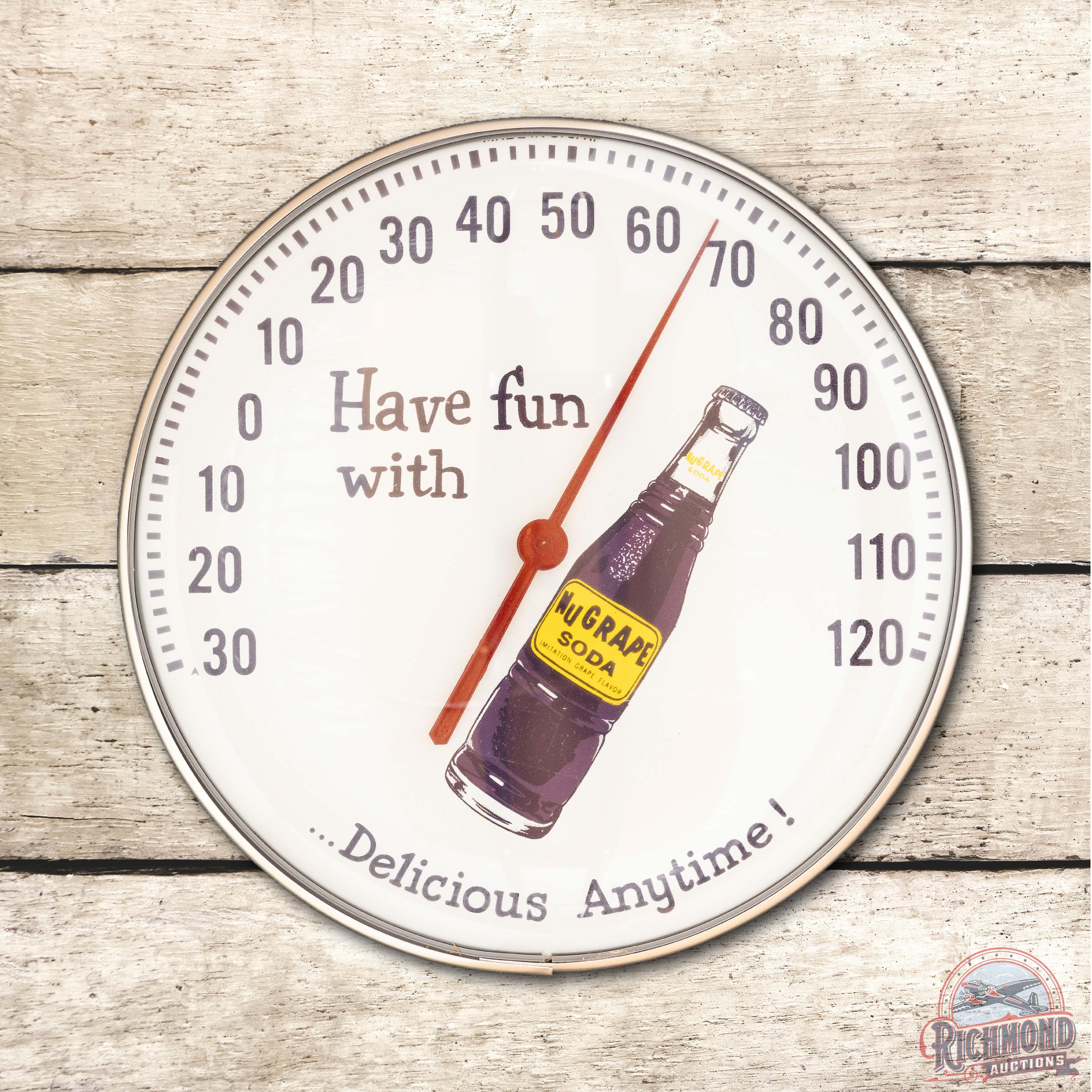 NOS Have Fun With NuGrape Soda "Delicious Anytime" Thermometer & Original Box TAC 9.5