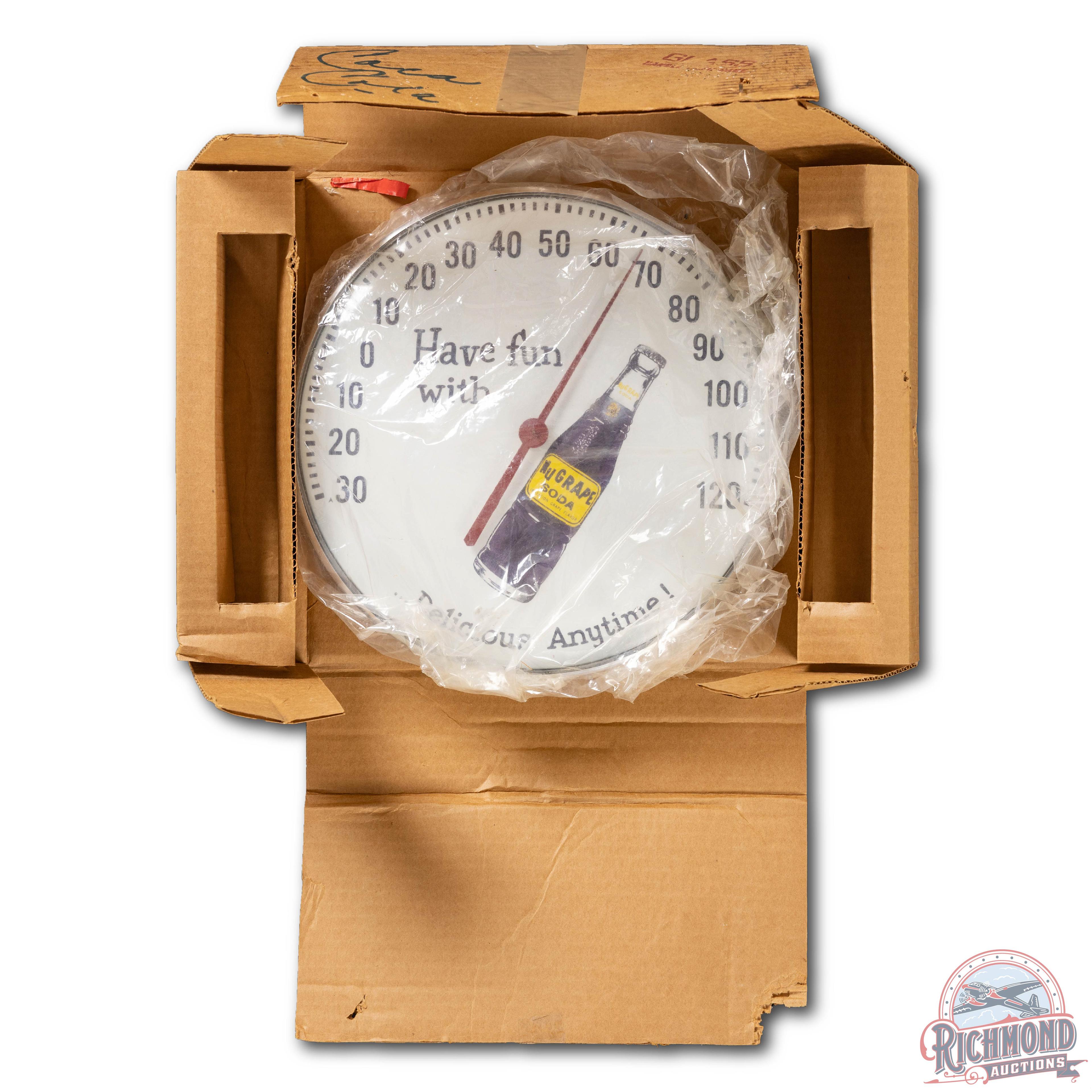 NOS Have Fun With NuGrape Soda "Delicious Anytime" Thermometer & Original Box TAC 9.5