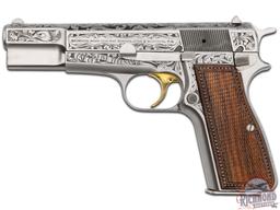 Engraved 1985 Belgian Browning Hi-Power 9mm Classic 1 of 5000 Semi-Auto Pistol & Presentation Case