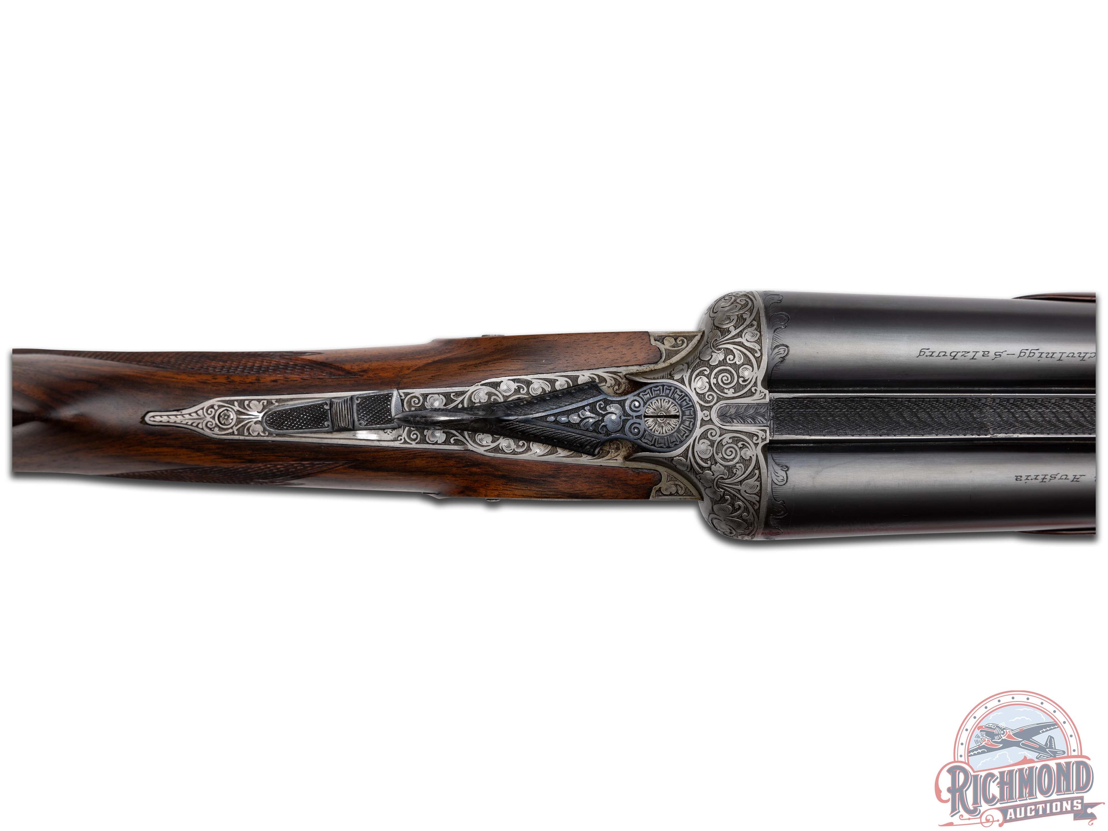 Finely Engraved 1959 Ferlach Sidedplated 12 Gauge Boxlock Double Barrel Game Shotgun with Case