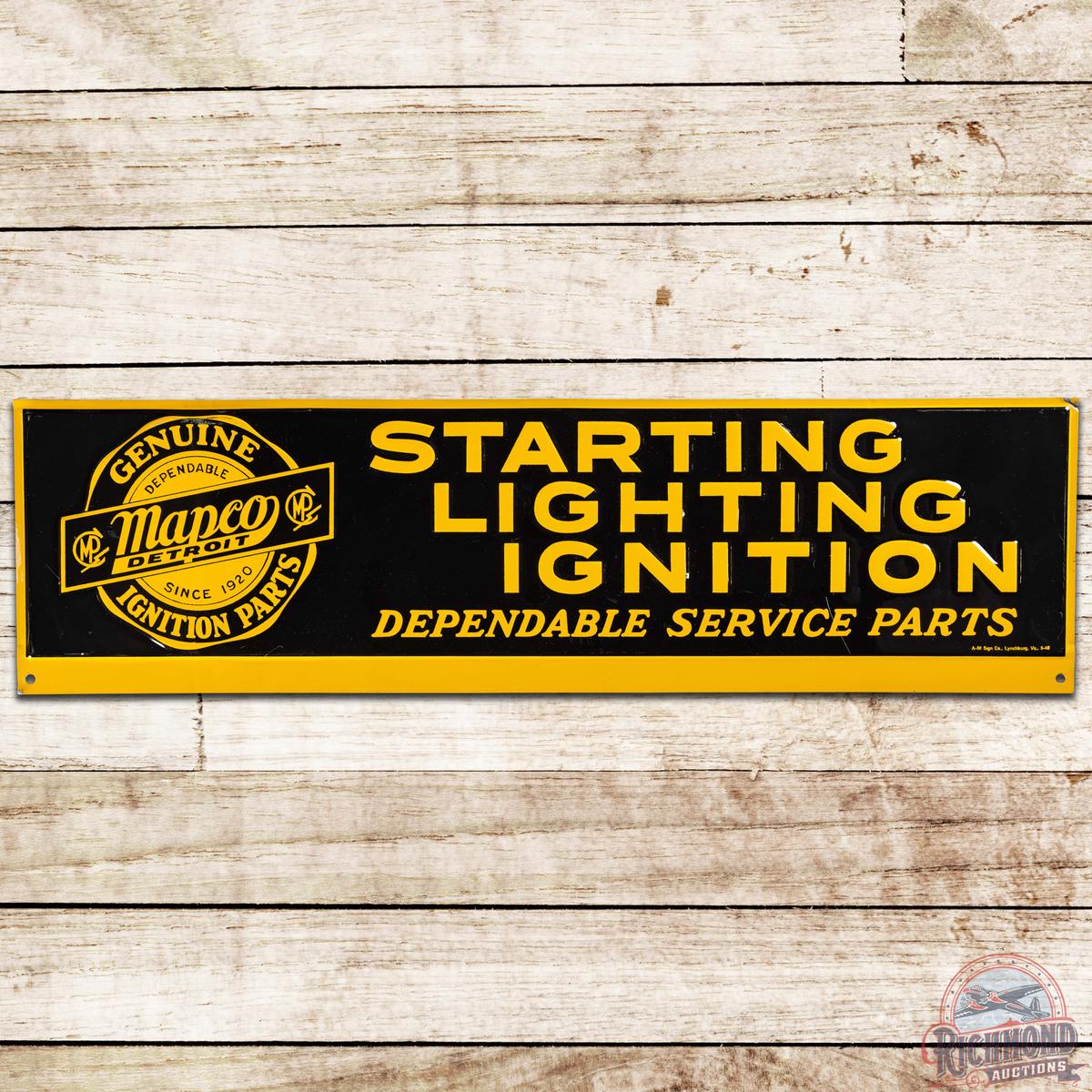 1948 Genuine Mapco Detroit Ignition Parts Emb. SS Tin Sign w/ Logo