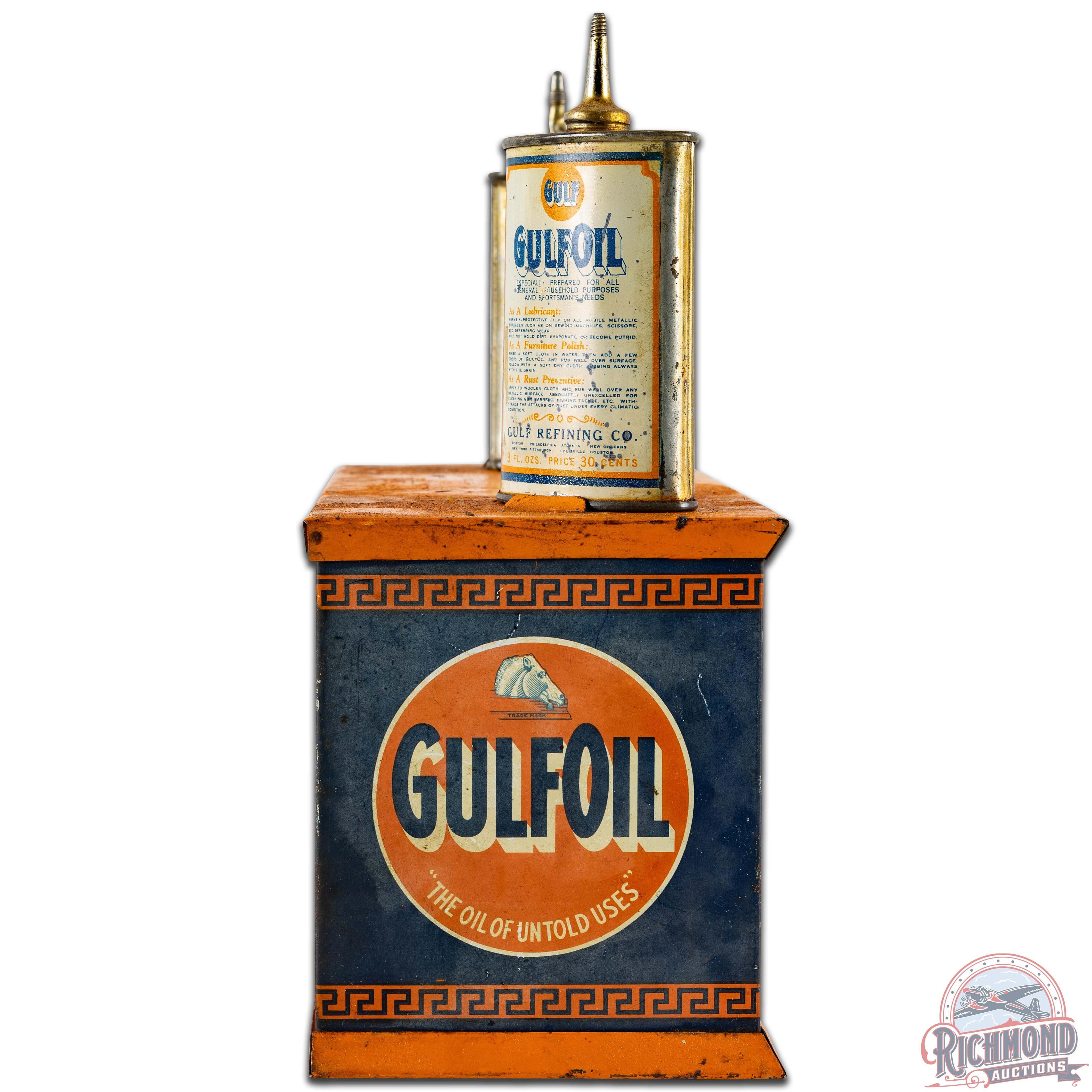 Gulf Tin Handy Oiler Counter Display w/ 2 Lead Top Oilers