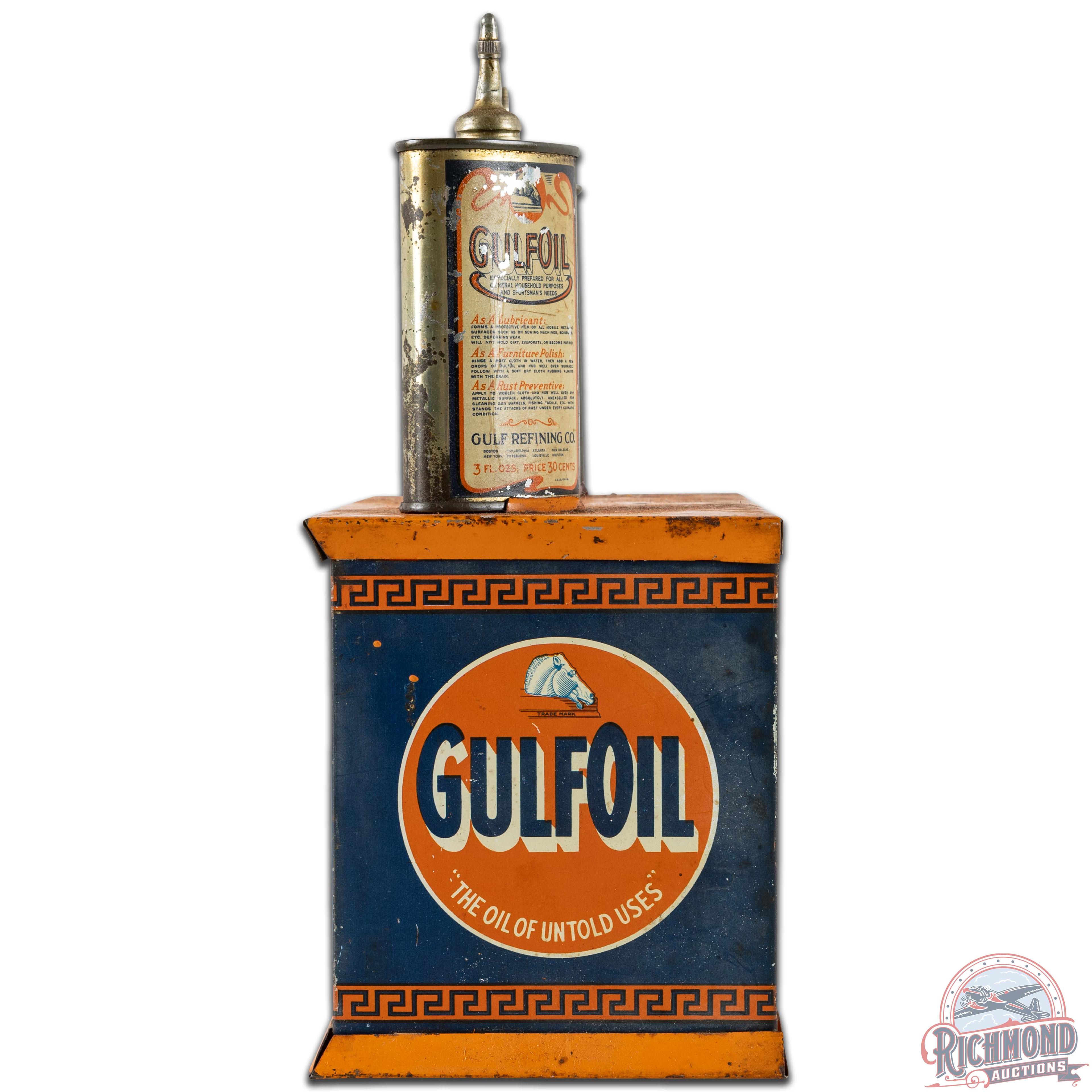 Gulf Tin Handy Oiler Counter Display w/ 2 Lead Top Oilers