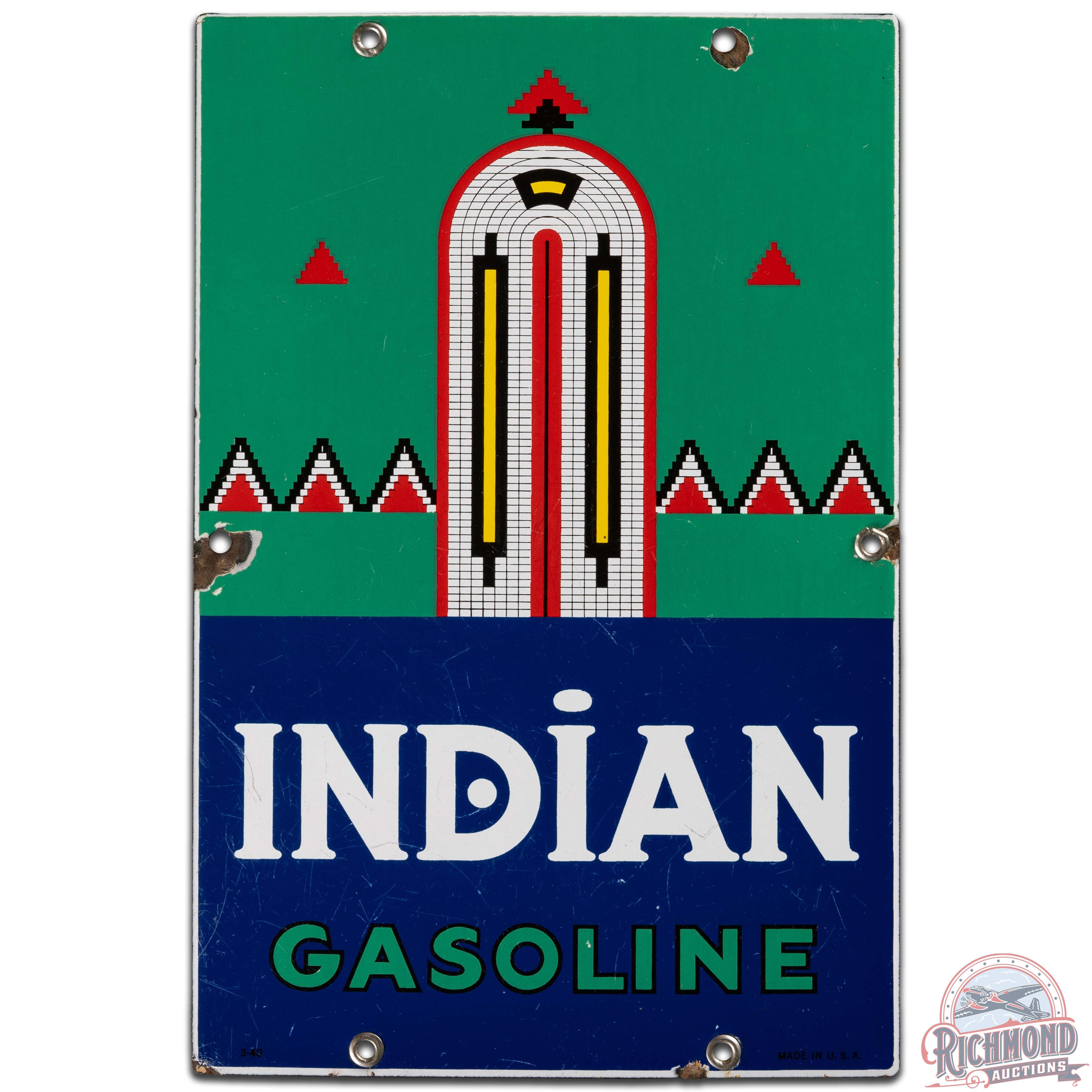 1940 Indian Gasoline SS Porcelain Pump Plate Sign "Small"