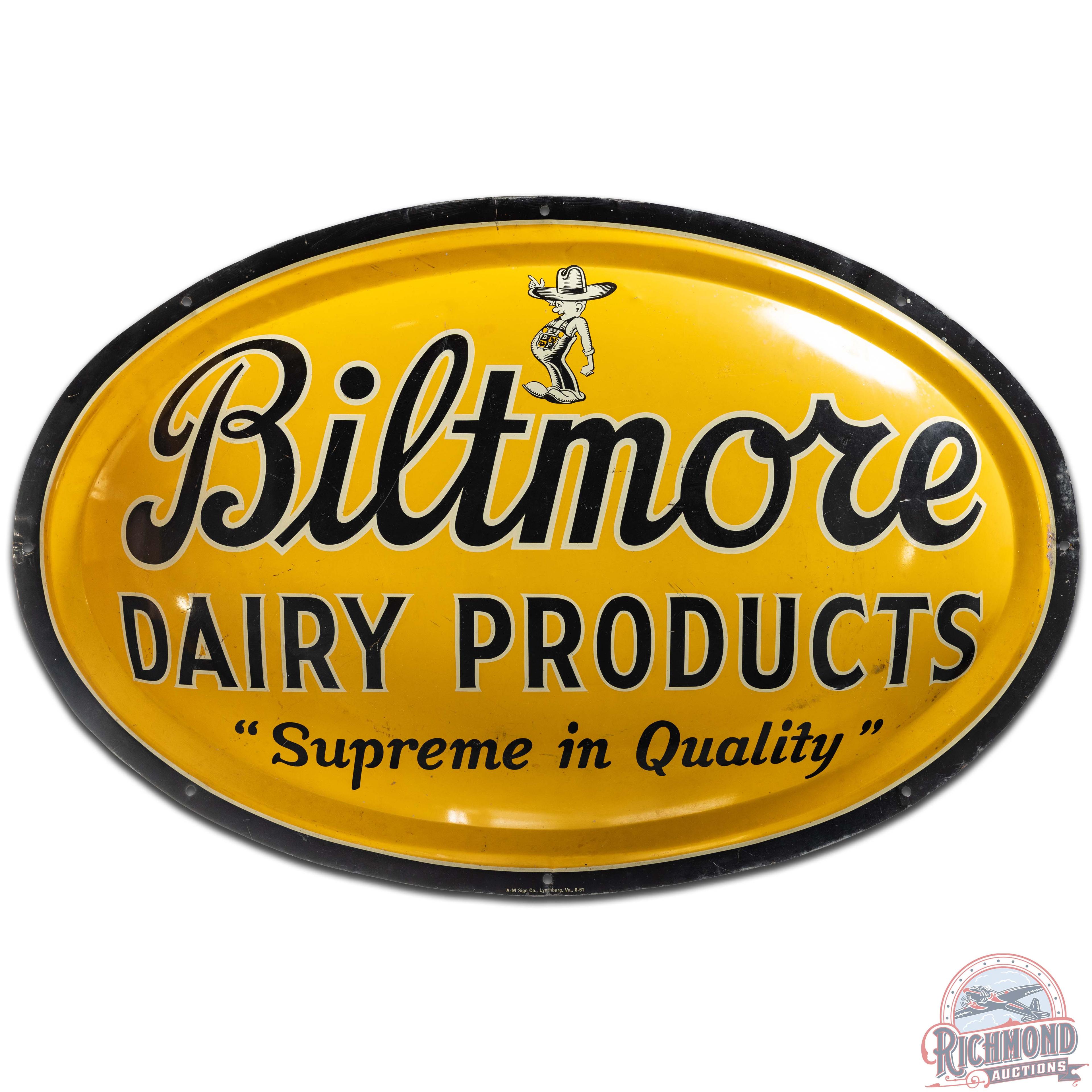 1961 Biltmore Dairy Products "Supreme in Quality" SS Tin Bubble Sign w/ Winky