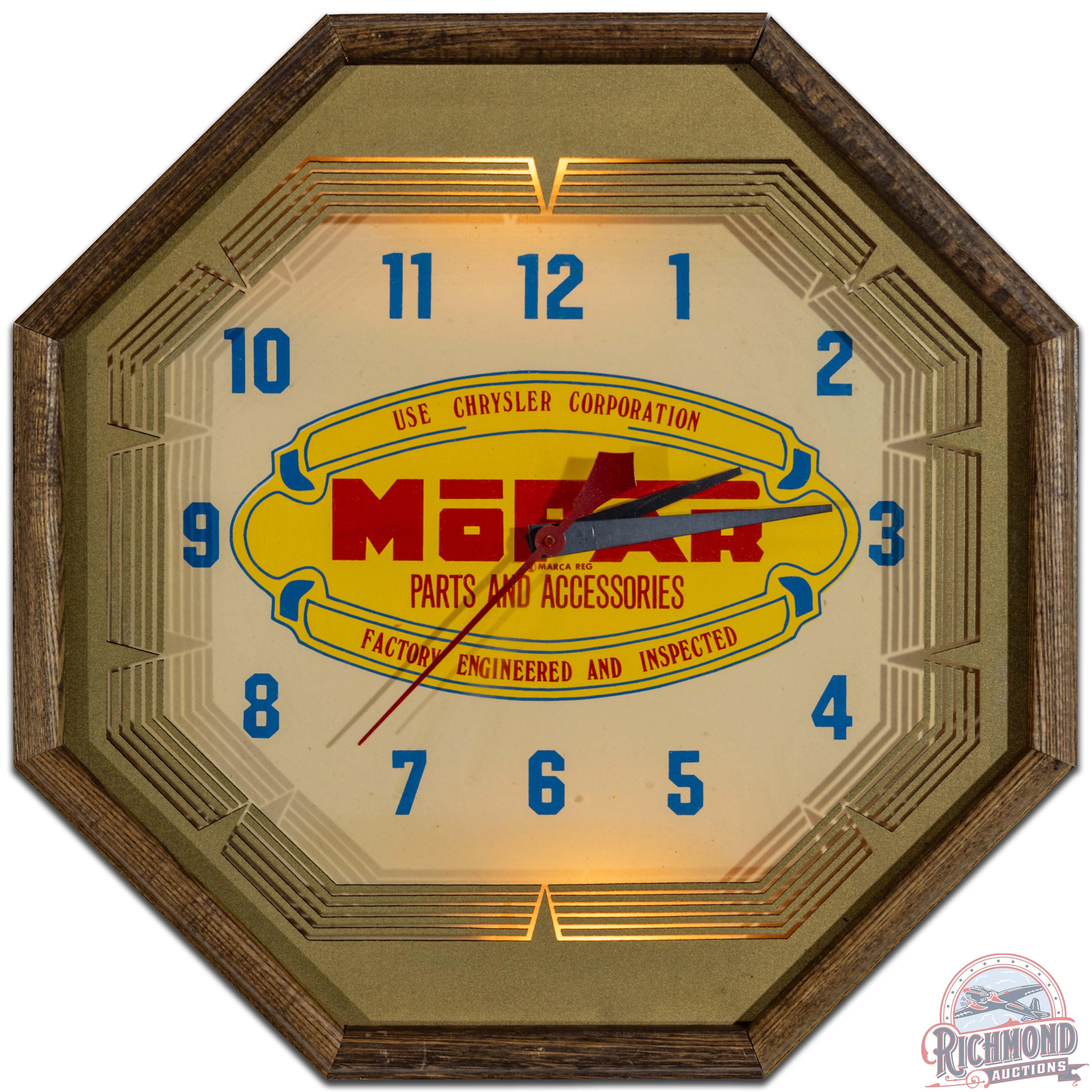 Mopar Parts and Accessories Chrysler Corporation Lighted Octagon Advertising Clock w/ Logo