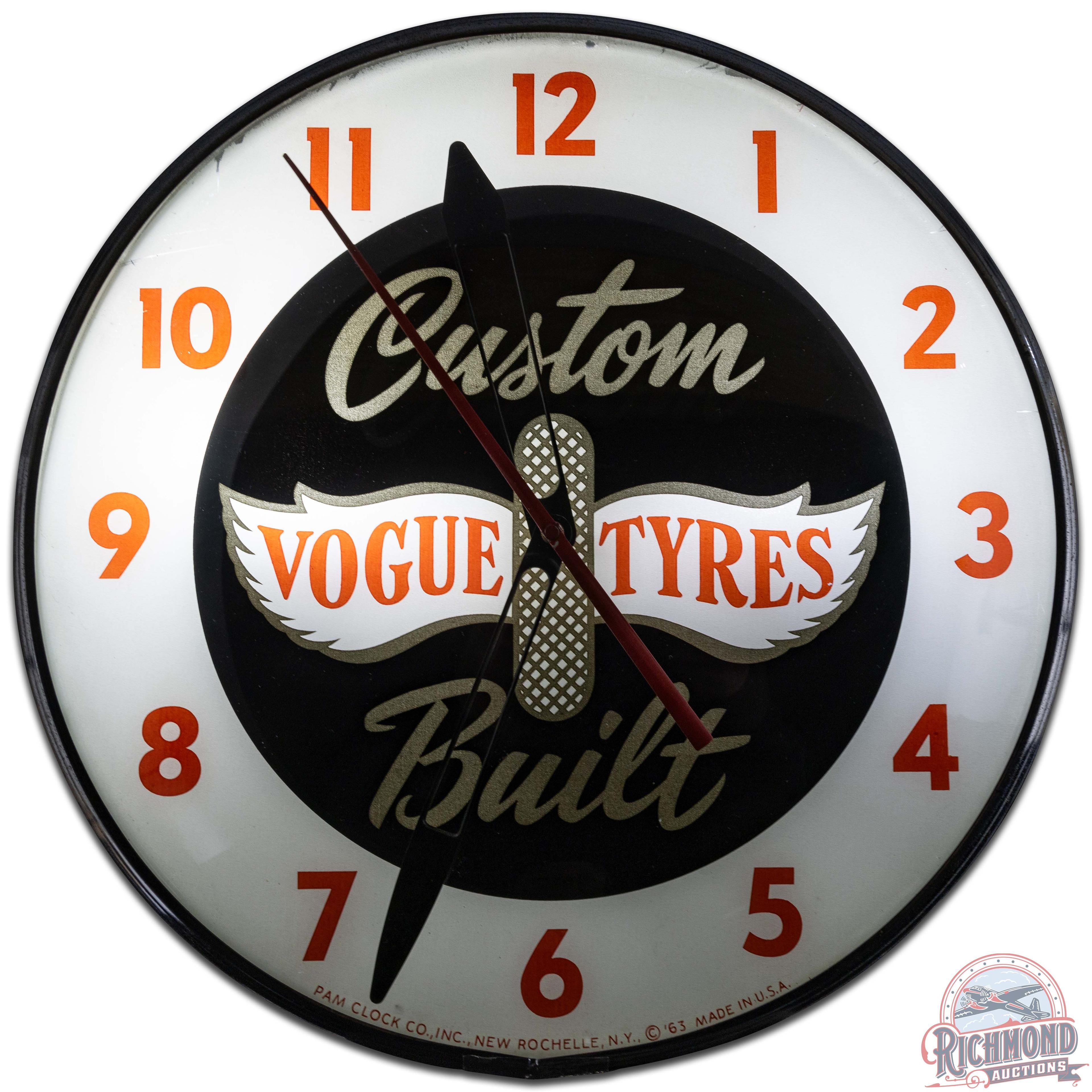 Vogue Custom Built Tyres 15" PAM Advertising Clock w/ Winged Tire