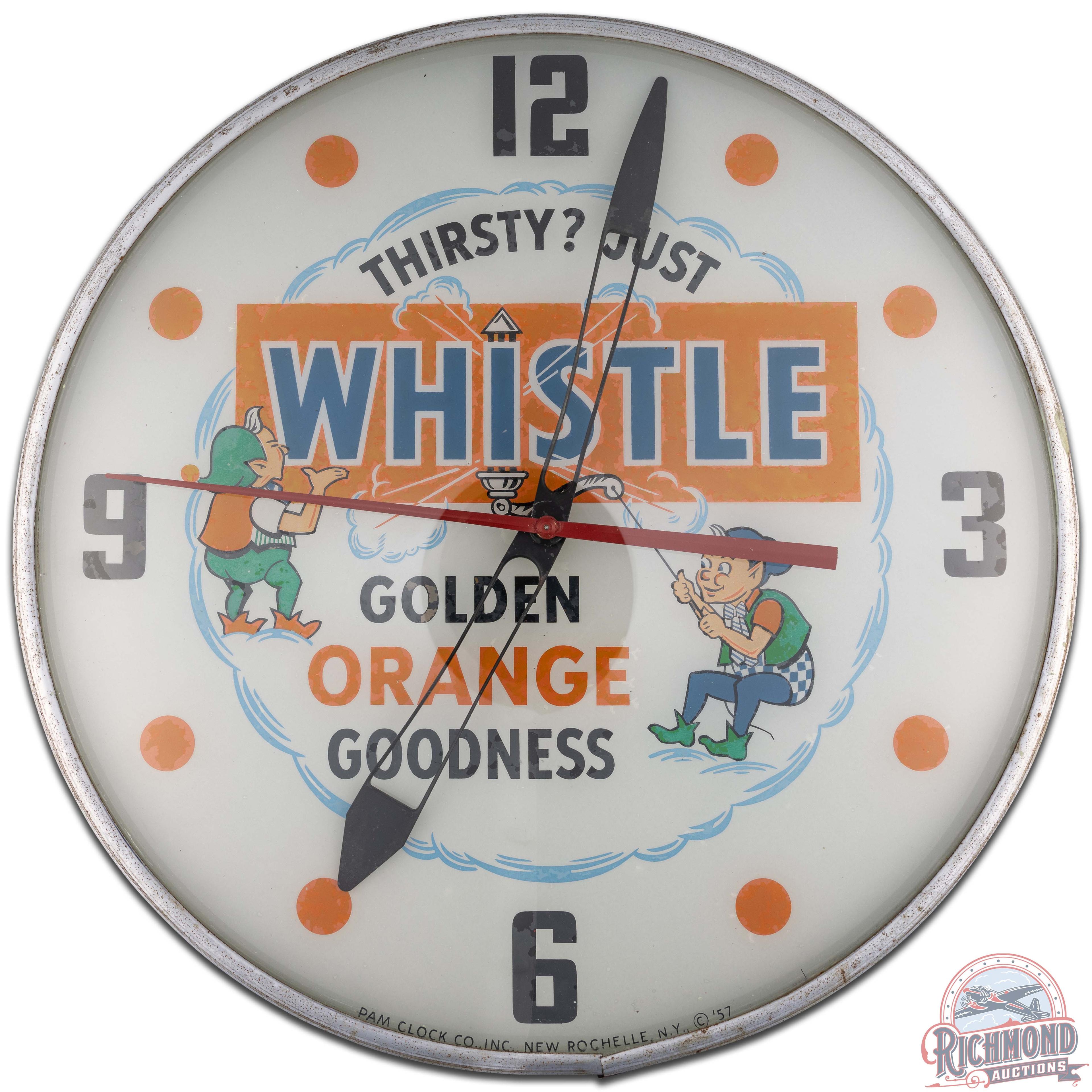 Whistle Golden Orange Goodness 15" PAM Advertising Clock w/ Elves