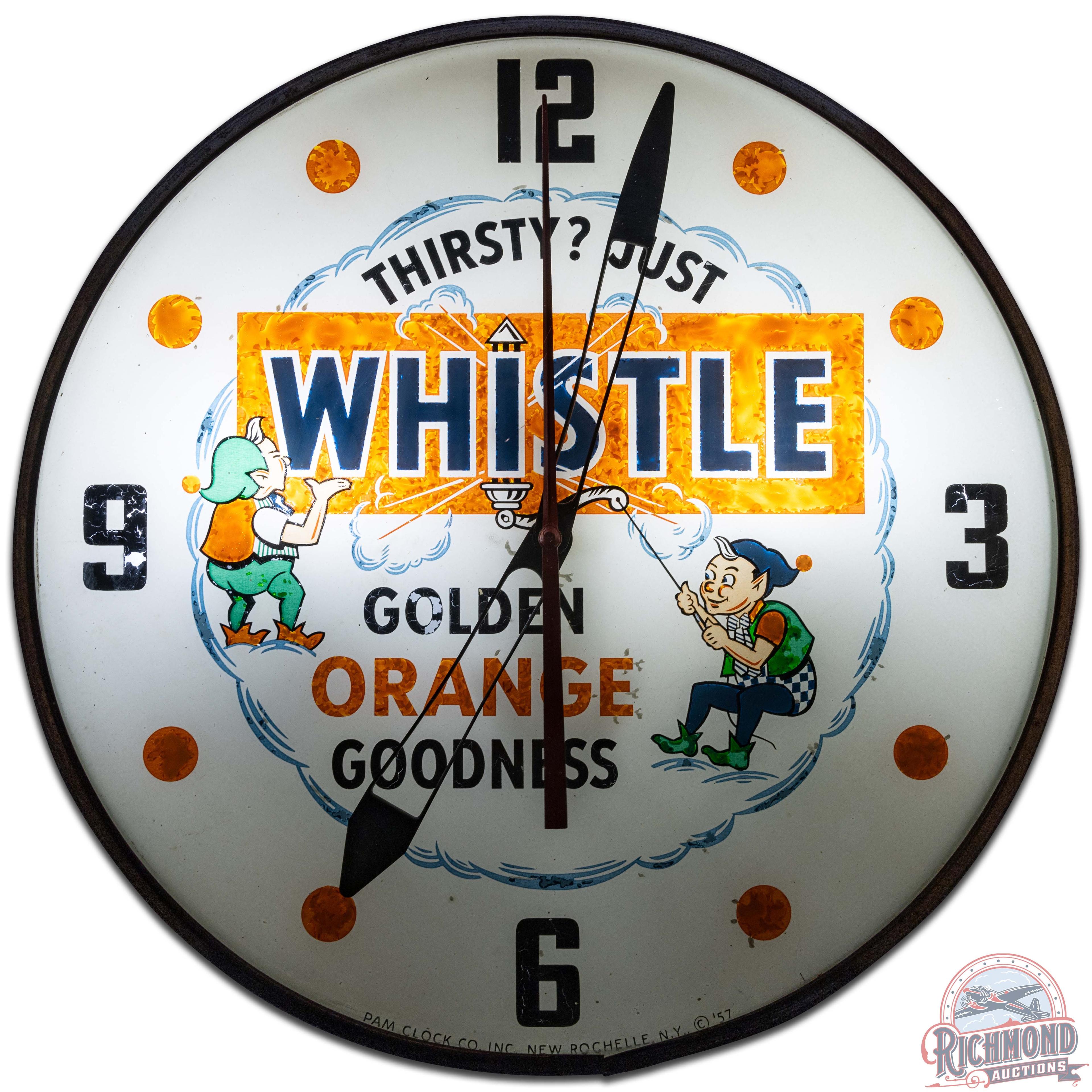 Whistle Golden Orange Goodness 15" PAM Advertising Clock w/ Elves