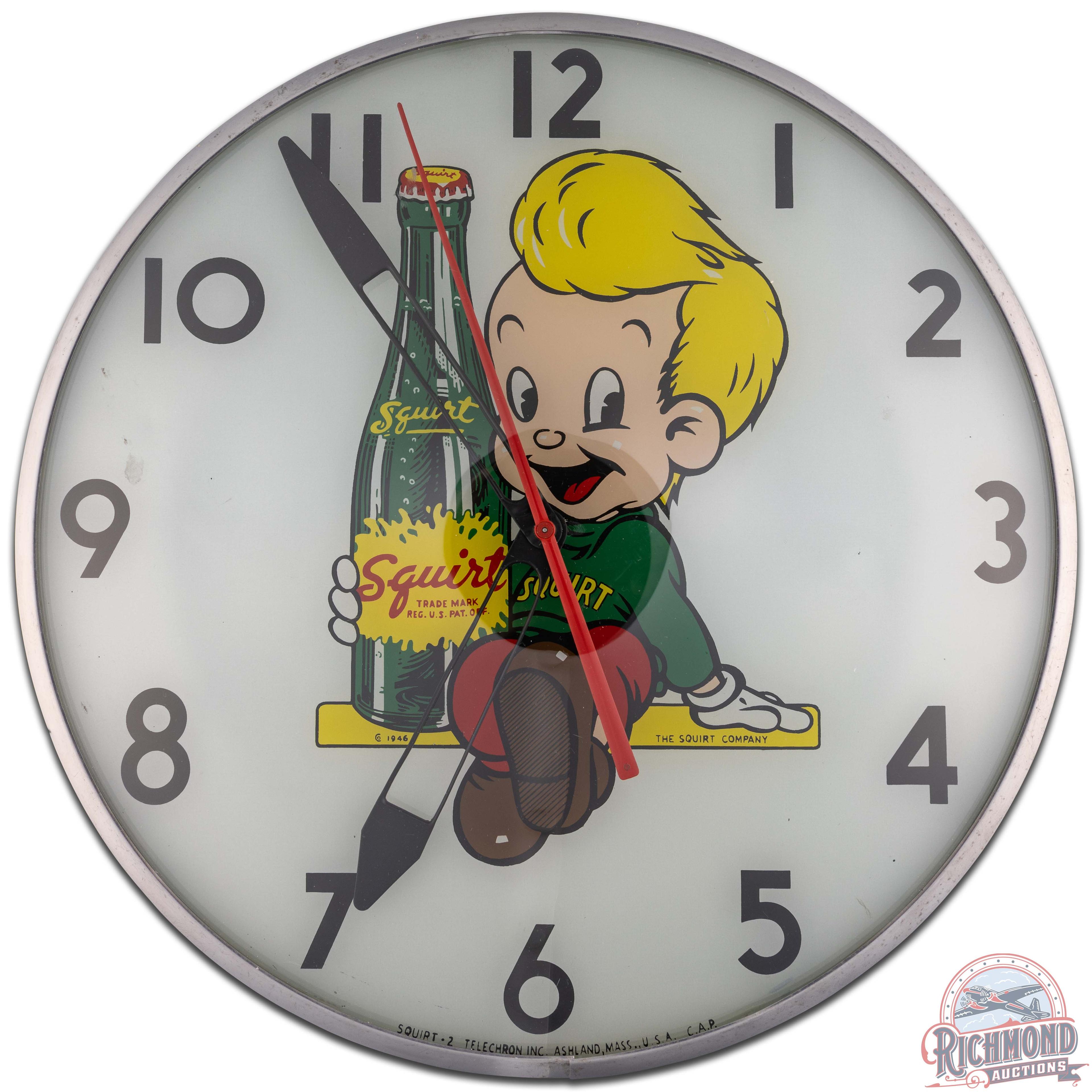 Squirt 15" Telechron Advertising Clock w/ Squirt Boy & Bottle