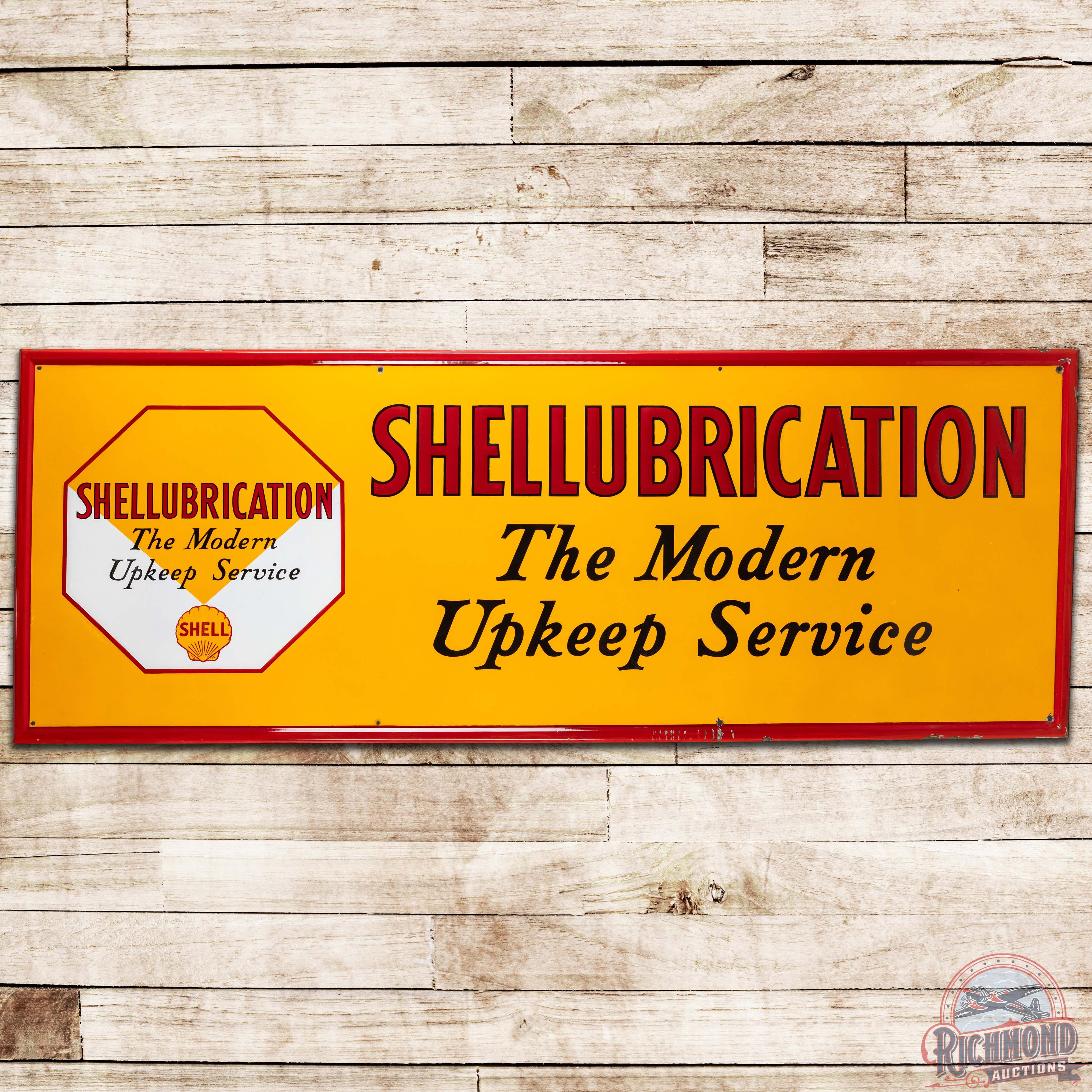 Shellubrication "Modern Upkeep Service" Emb. SS Porcelain Sign w/ Logo