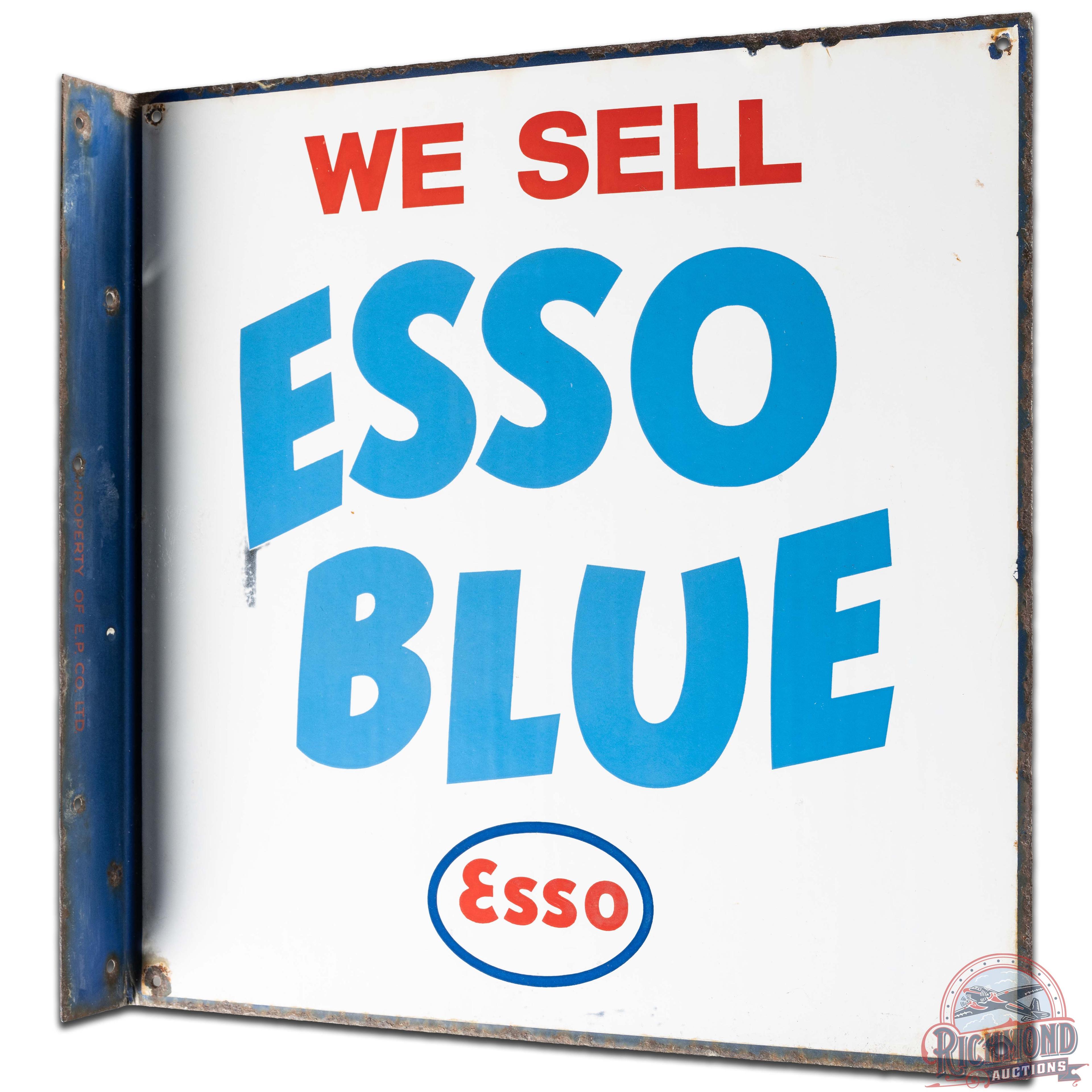 We Sell Esso Blue DS Porcelain Flange Sign w/ Logo