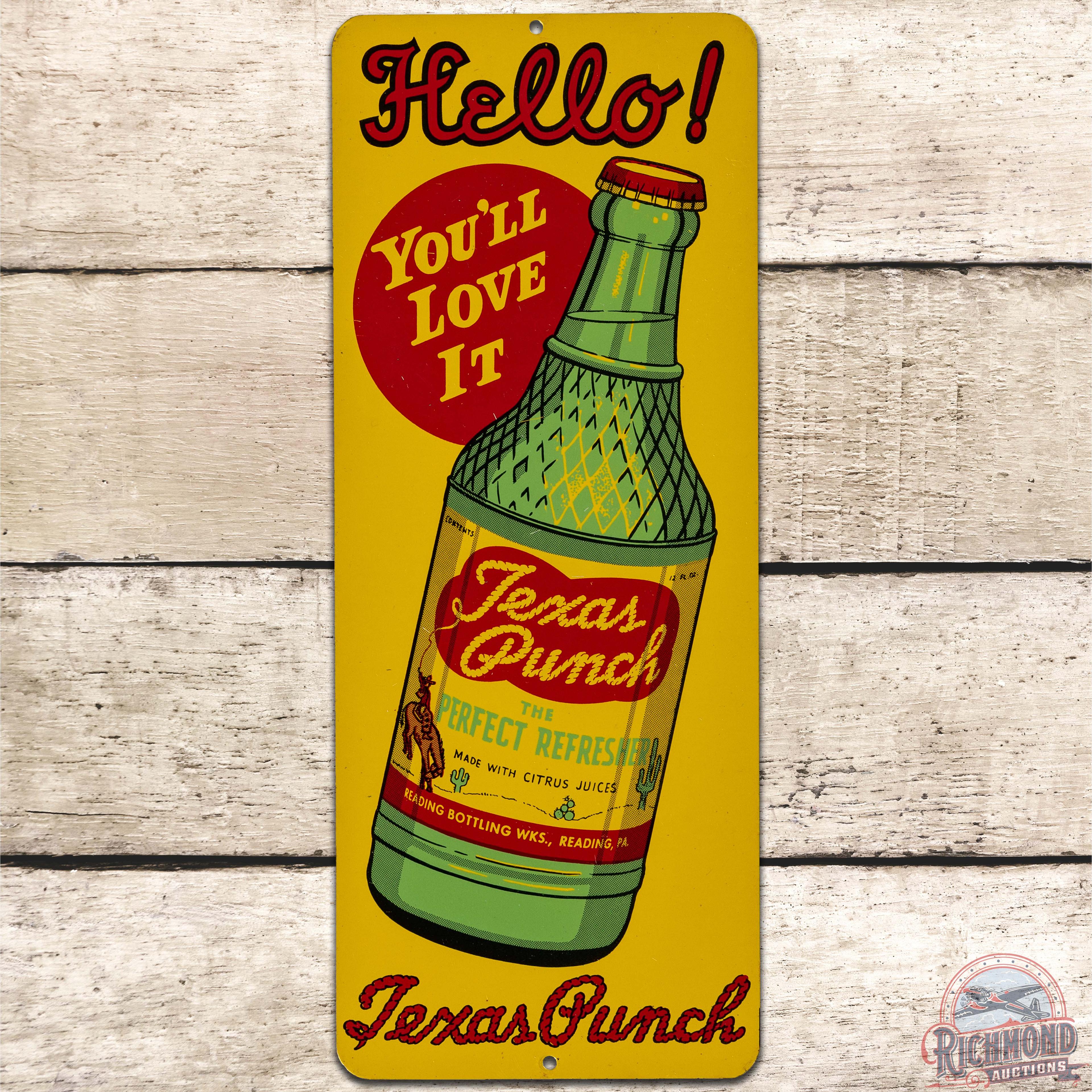 Texas Punch "Hello! You'll Love it" SS Tin Door Push Sign w/ Bottle