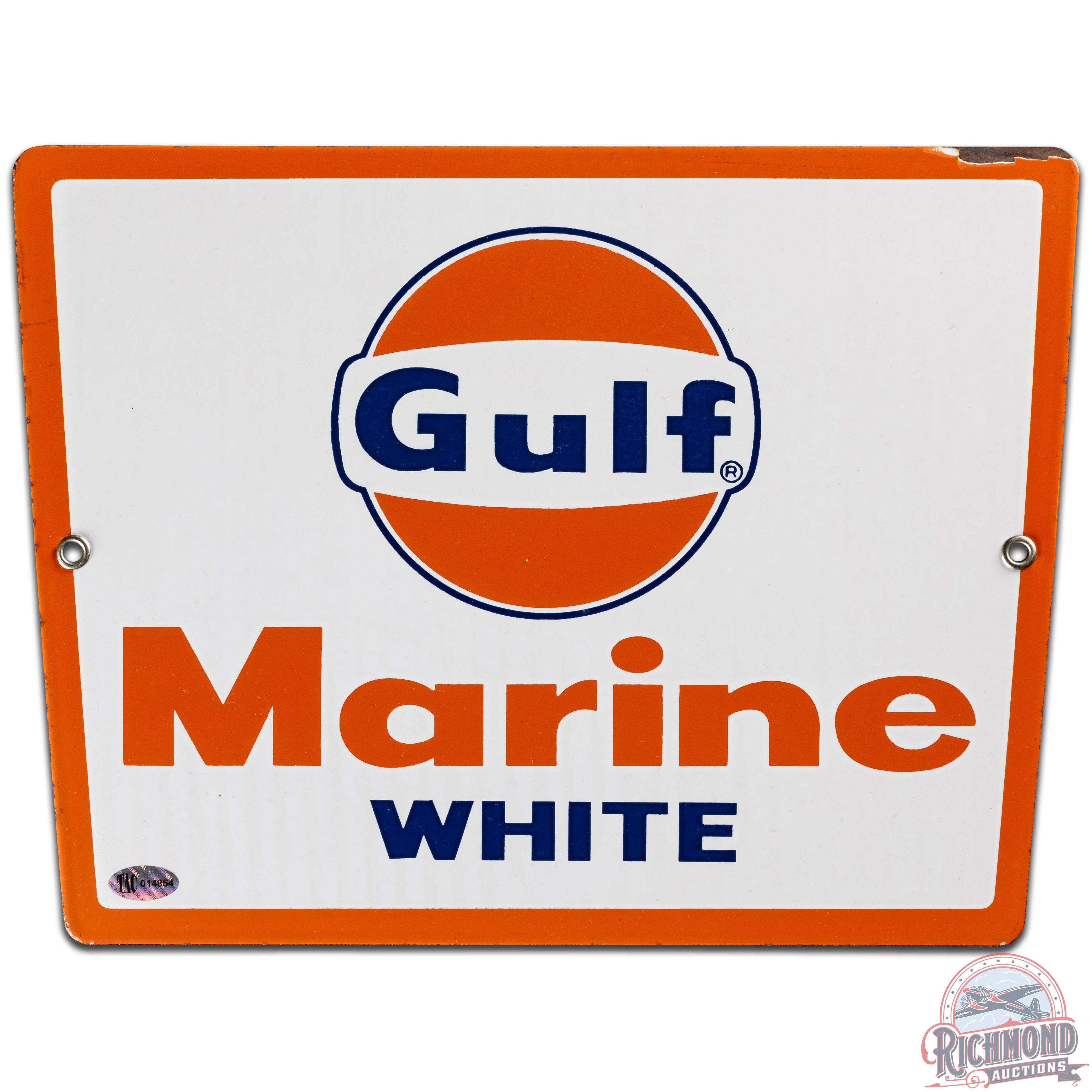 Gulf Marine White SS Porcelain Gas Pump Plate Sign w/ Logo