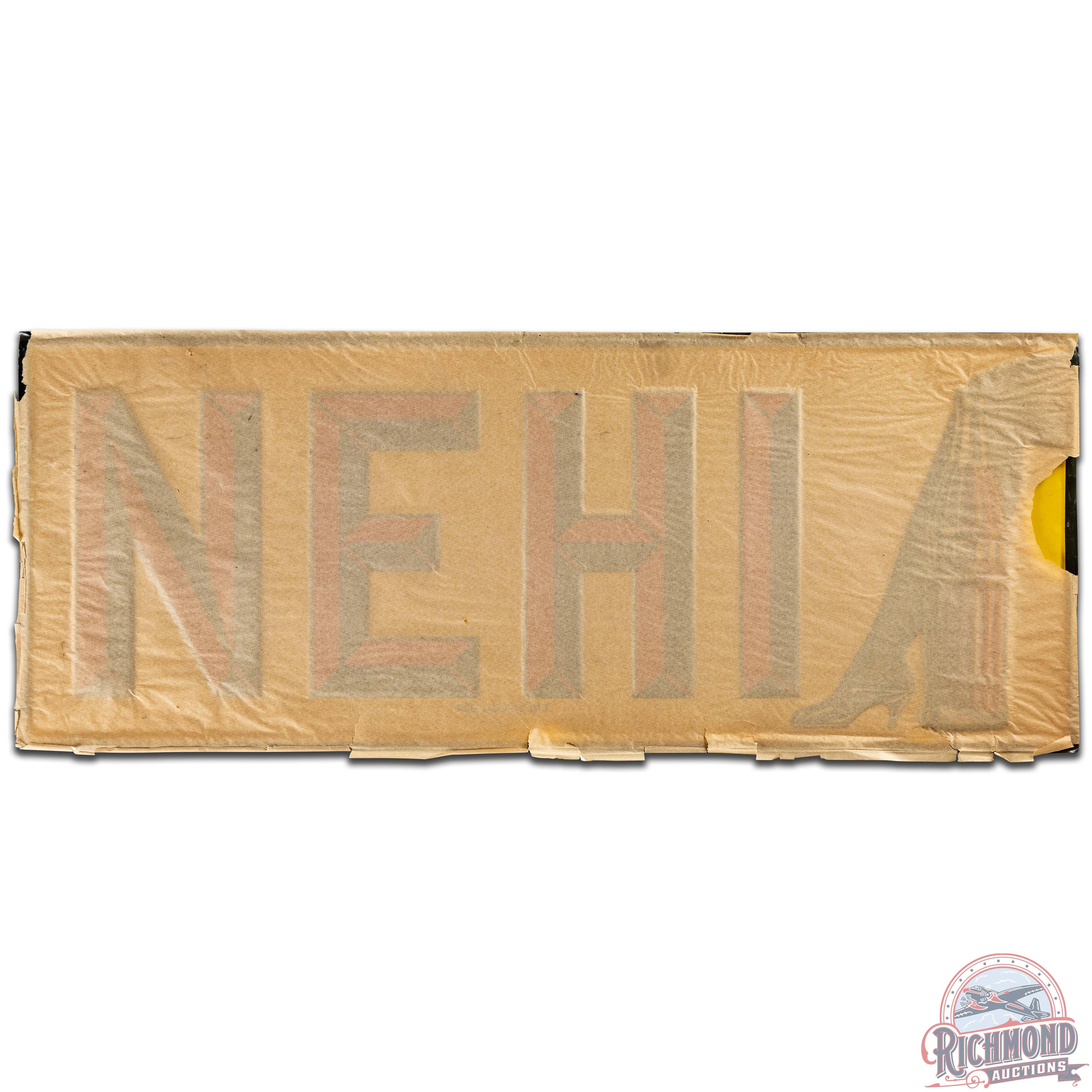 NOS Nehi Beverages Embossed SS Tin Sign w/ Bottle & Leg Logo