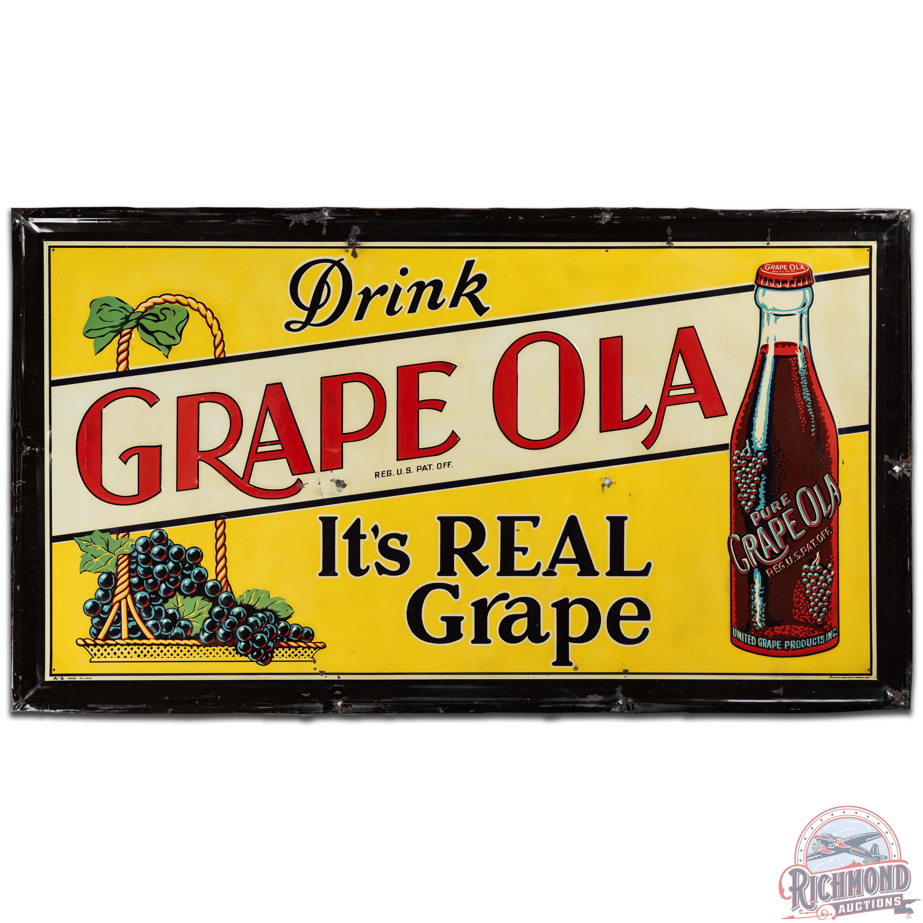 Drink Grape Ola It's Real Grape Embossed SS Tin Sign w/ Bottle