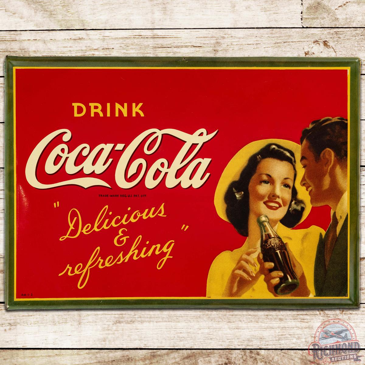 Drink Coca Cola "Delicious & Refreshing" SS Tin Sign w/ Couple & Bottle