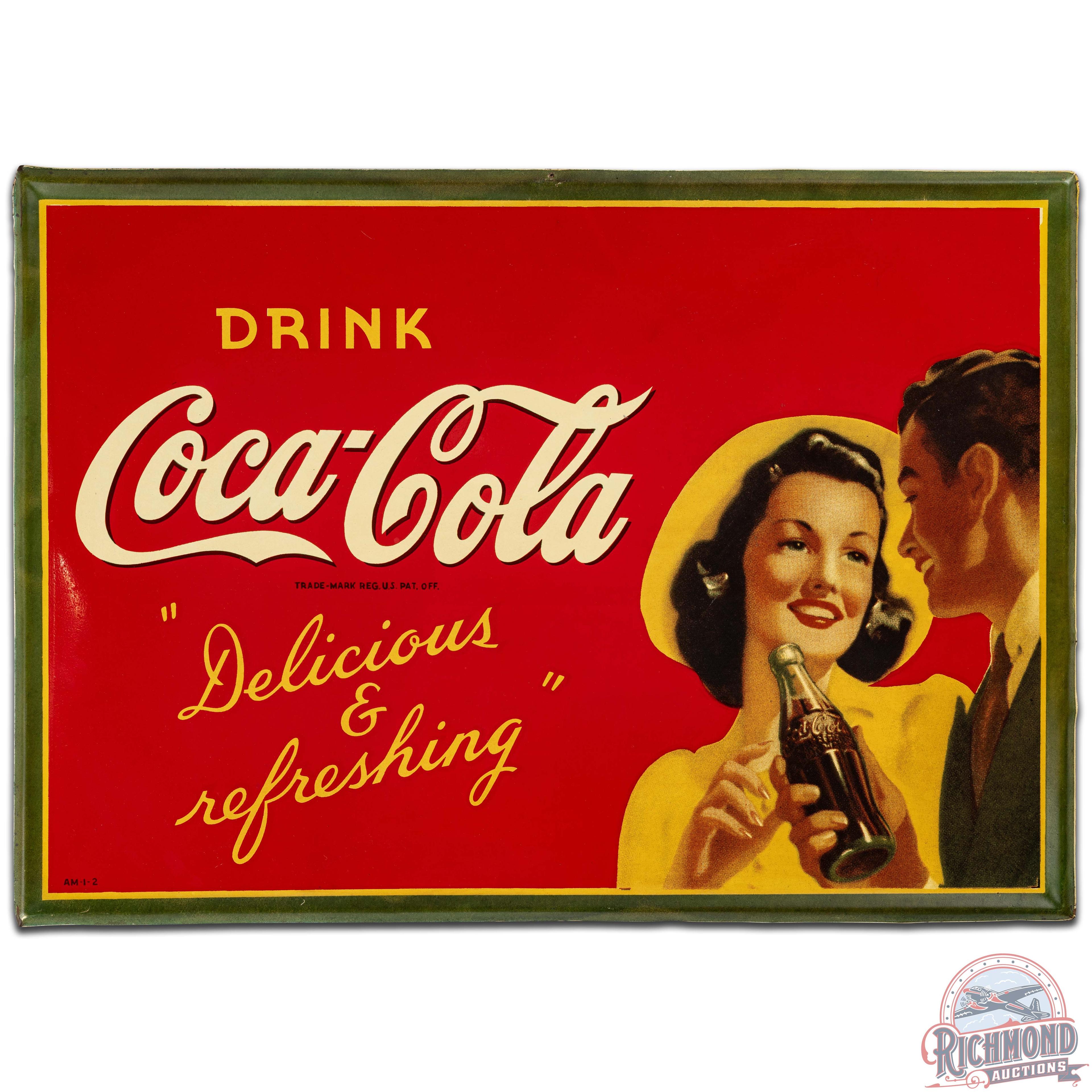 Drink Coca Cola "Delicious & Refreshing" SS Tin Sign w/ Couple & Bottle