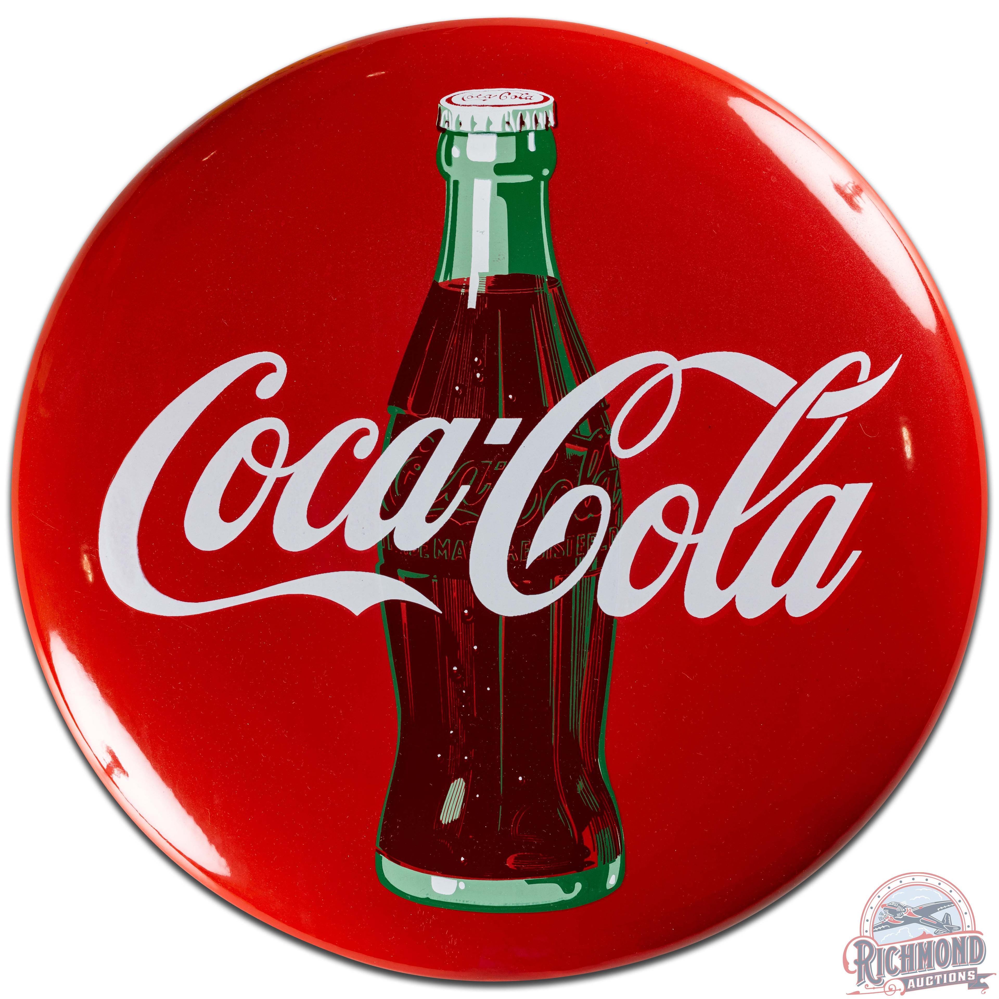 Coca Cola 24" SS Porcelain Button Sign w/ Bottle