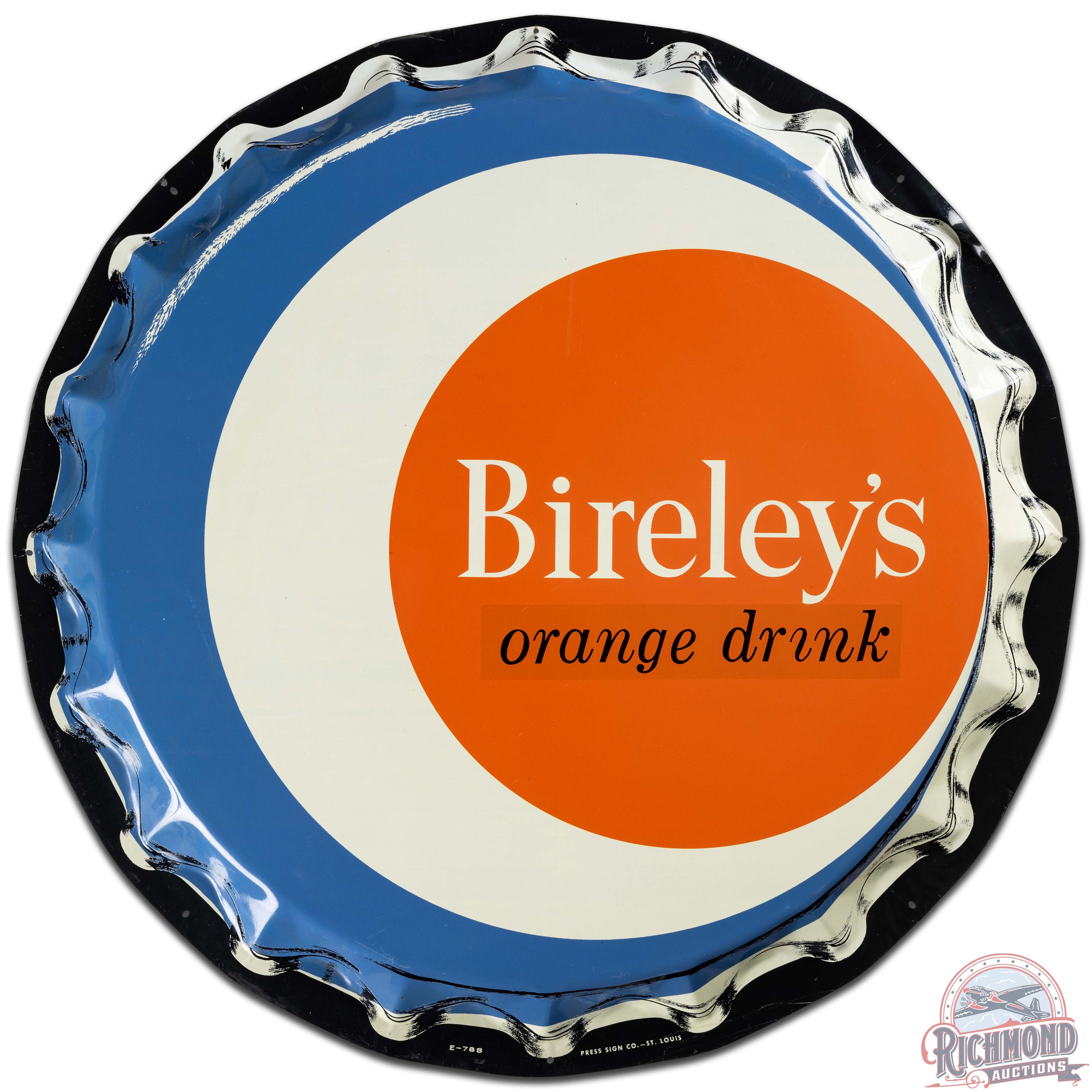 NOS Bireley's Orange Drink Convex SS Tin Bottlecap Sign w/ Paper