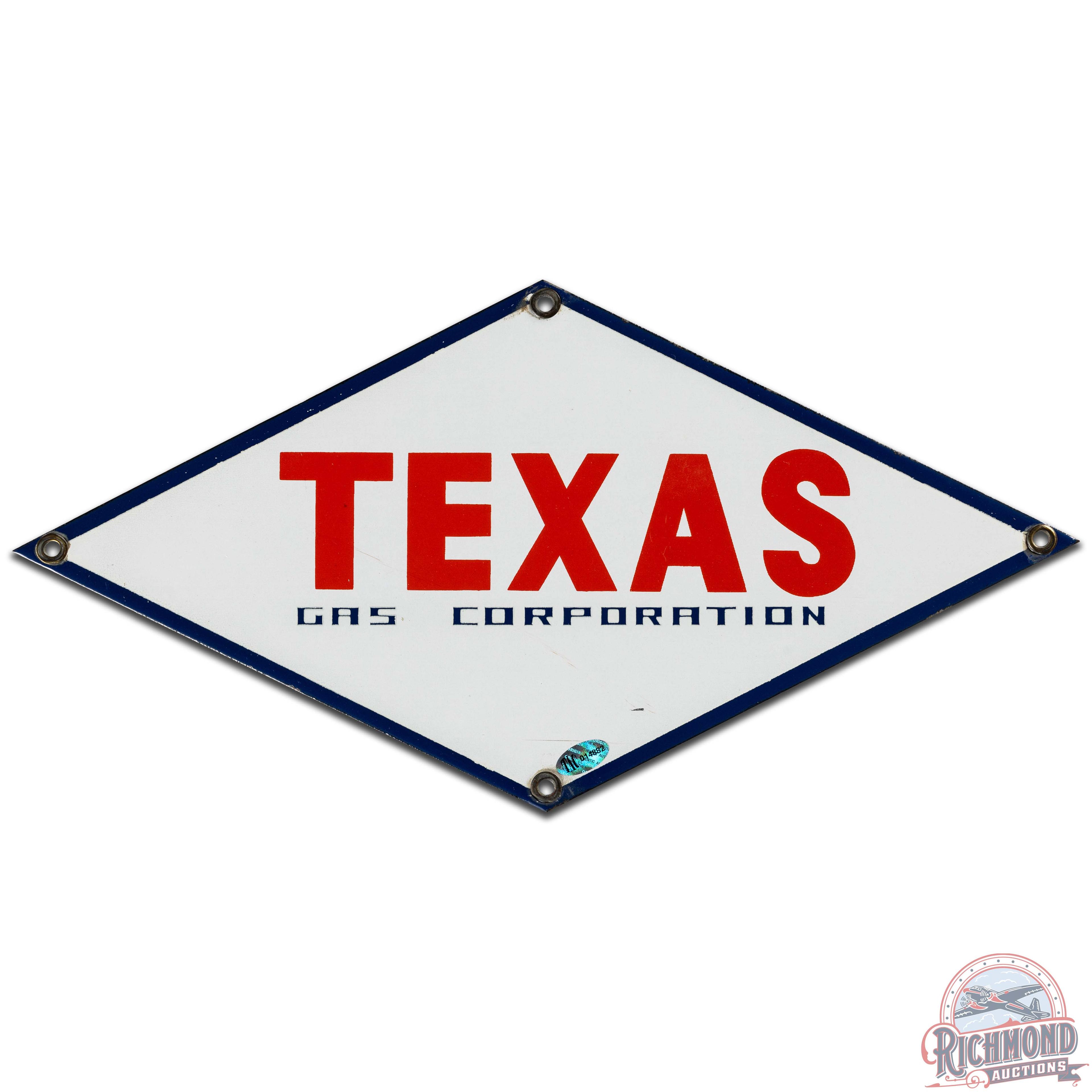 Texas Gas Corporation Die Cut SS Porcelain Pump Plate Sign