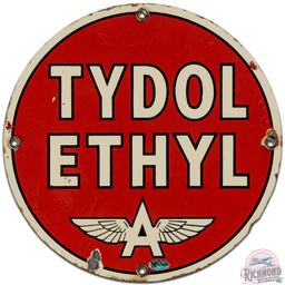 Tydol Ethyl Gasoline SS Porcelain Pump Plate Sign w/ Flying A Logo