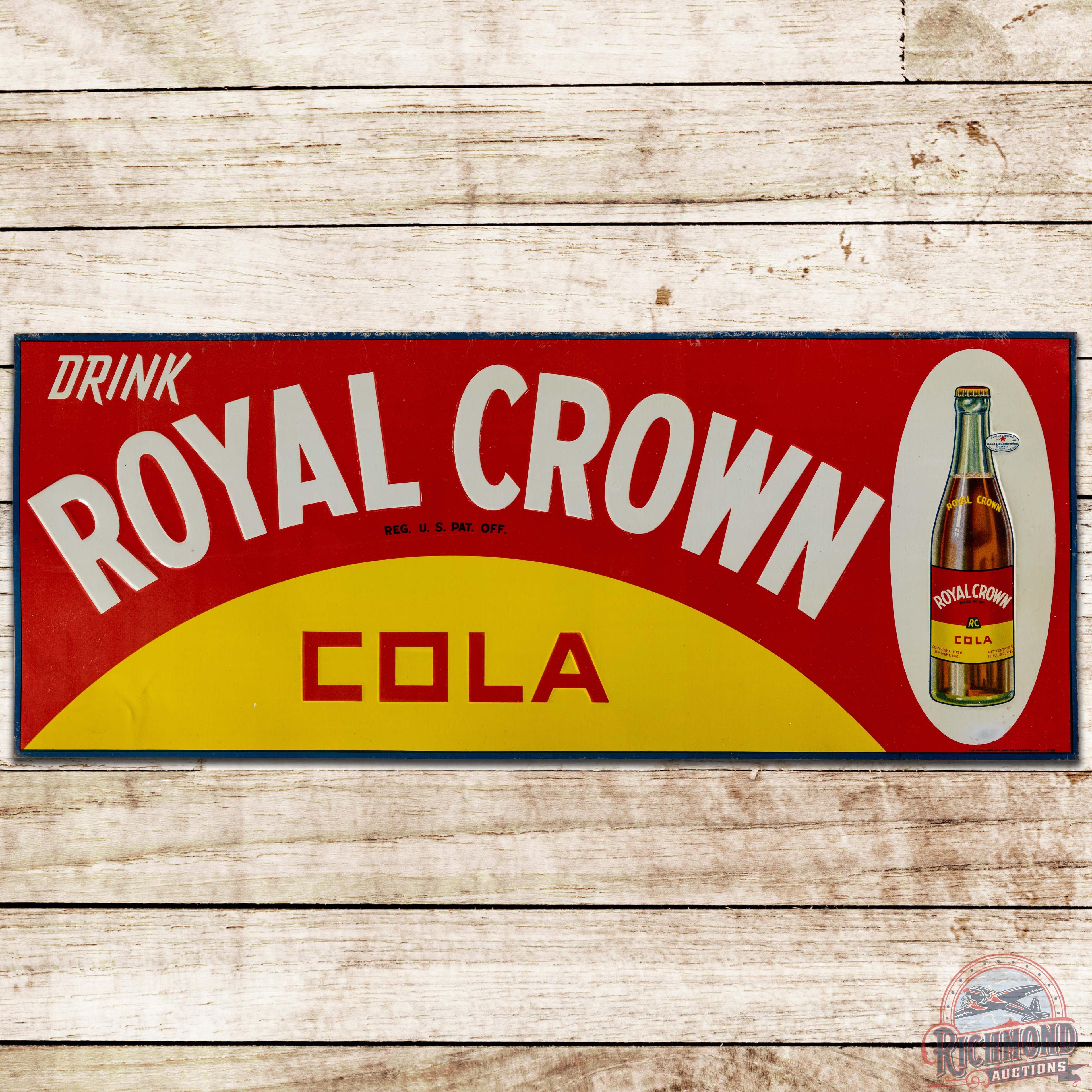 Drink Royal Crown Cola RC Embossed SS Tin Sign w/ Bottle