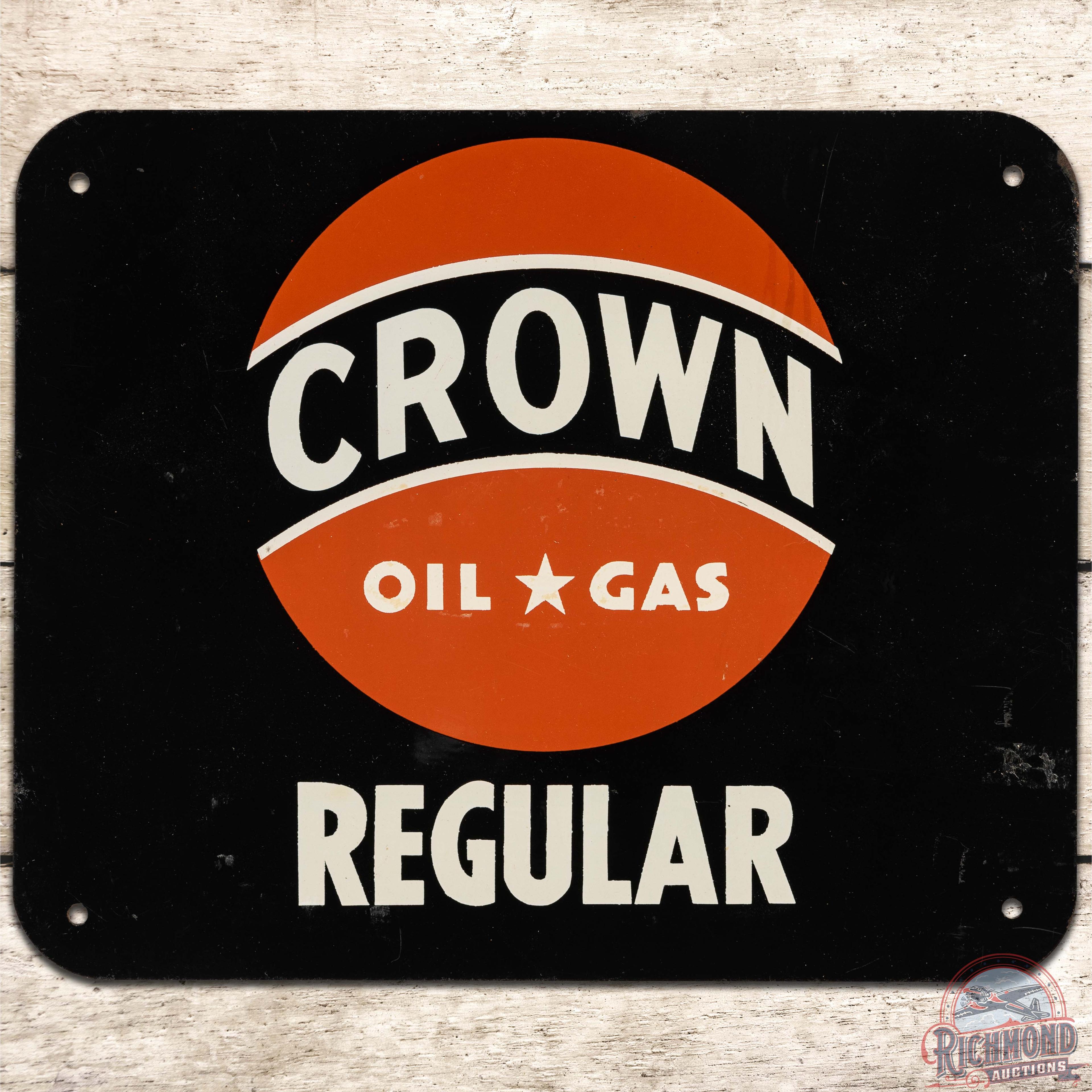 NOS Crown Oil Gas Regular SS Tin Pump Plate Sign w/ Logo