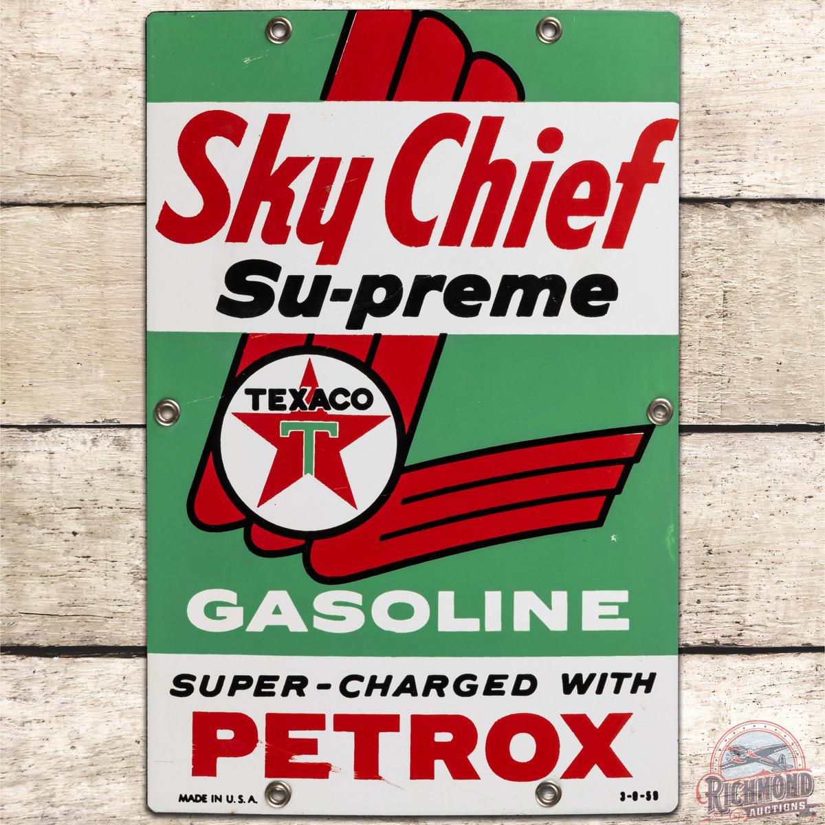 1959 Texaco Sky Chief Supreme w/ Petrox SS Porcelain Gas Pump Plate Sign "Small"